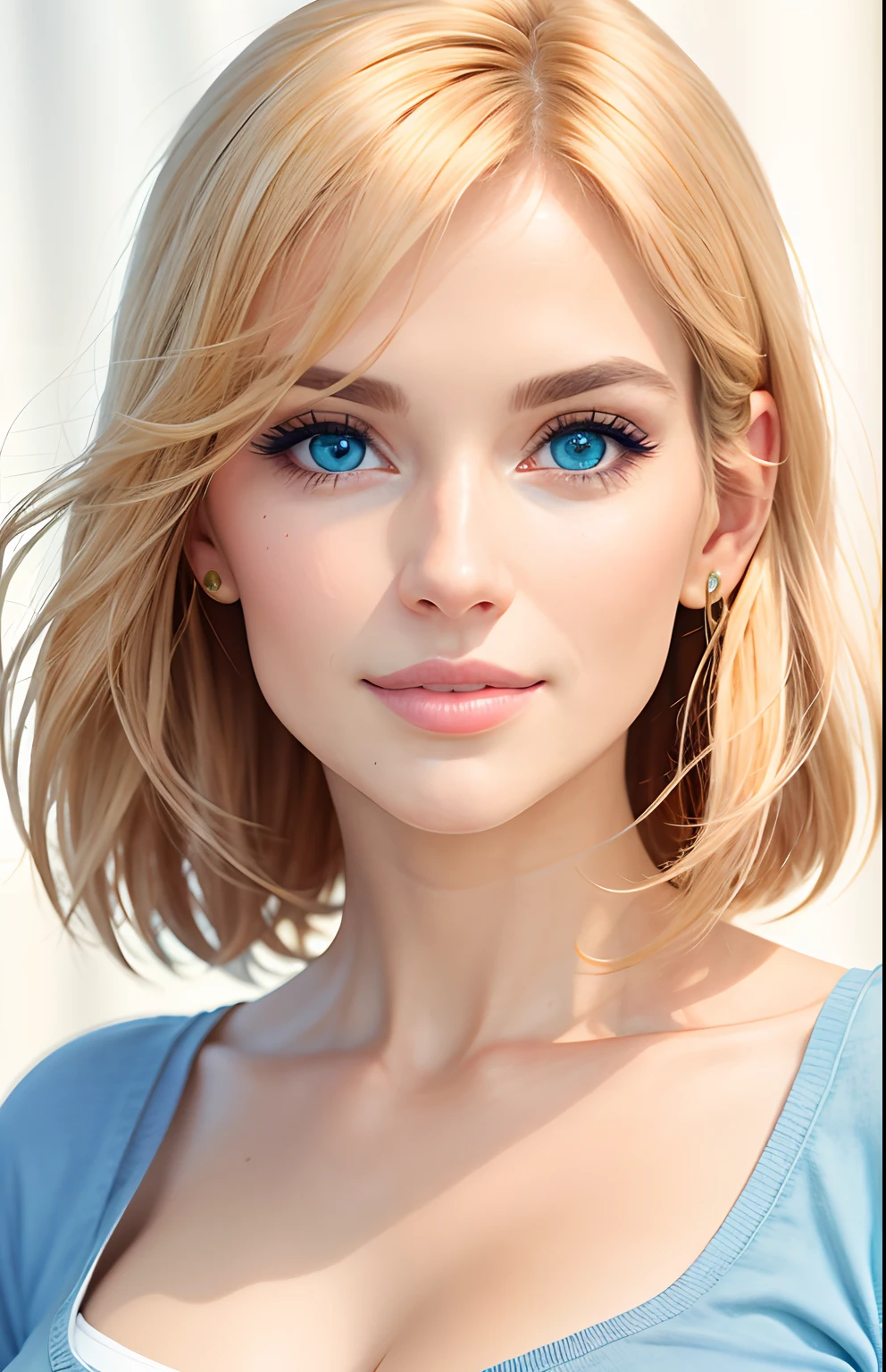 animesque, full body, One Person20Pretty Woman,Moisturized eyes, Casual clothing, a picture, oval jaw, beautiful countenance, The hair, Blue eyes with a beautiful glow, LDS Art