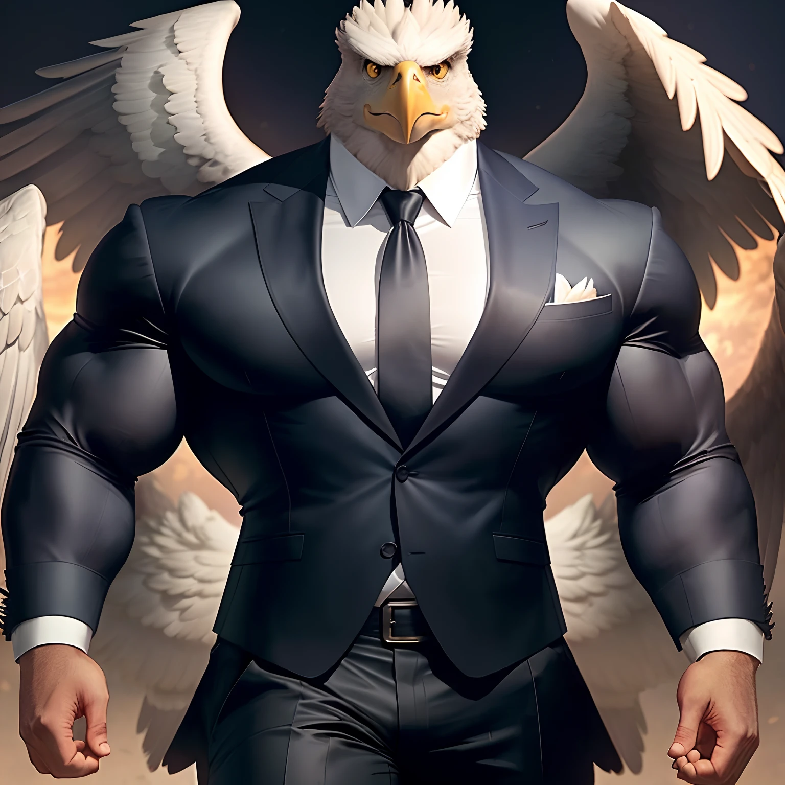 Anthro muscular eagle in suit as bodyguard with a huge torso , Huge arms , Huge pectorals