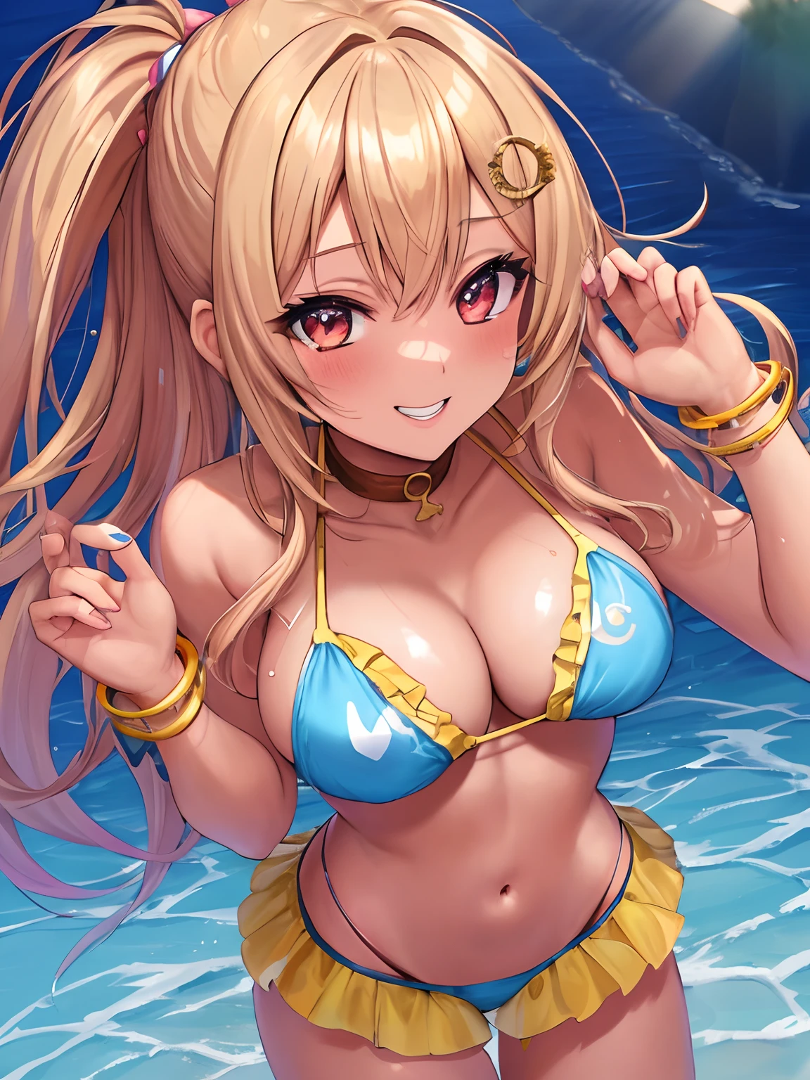 Gyaru chica con cabello rubio y ojos azules piel bronceada y una sonrisa y tacones altos y bikini, obra maestra, la mejor calidad