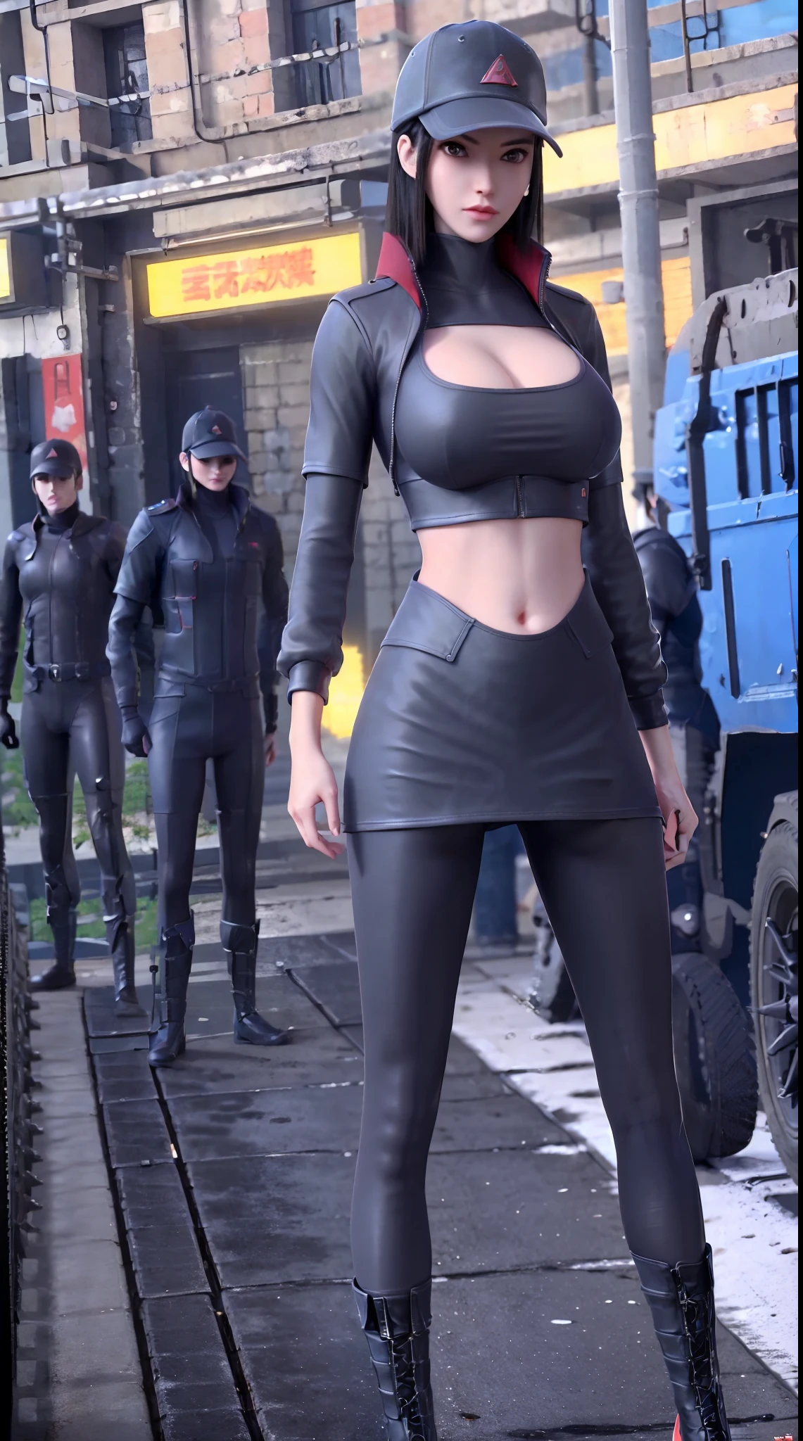 Realistic, physically-based rendering, 1girl, Female model chinese, (huge fake breasts:1.1), (street city), muscular body, slender, slim waist, big buttocks, expose muscle abs, (Full body:1.3), tight leather short skirt, cleavage, skintight crop top sweater full body.