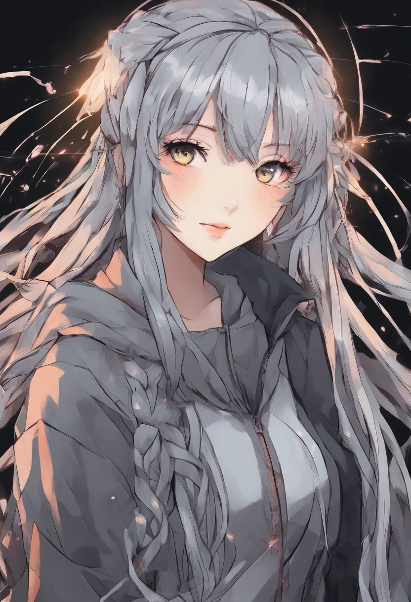 Generate a 90s Japanese anime-inspired portrait of a girl with grey hair, featuring two long braids. Her eyes should be black, and she should be wearing all black clothing. Add a small lightning scar on her face. The background should primarily be black with subtle grey accents. Ensure the artwork captures the nostalgic 90s anime aesthetic and apply a grain effect at 100% for that authentic vintage look.