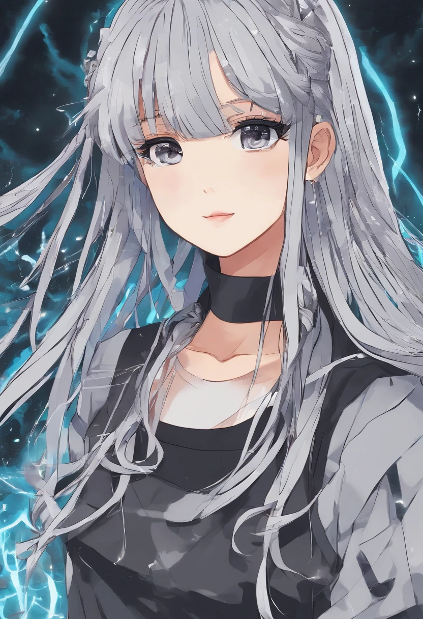 Generate a 90s Japanese anime-inspired portrait of a girl with grey hair, featuring two long braids. Her eyes should be black, and she should be wearing all black clothing. Add a small lightning scar on her face. The background should primarily be black with subtle grey accents. Ensure the artwork captures the nostalgic 90s anime aesthetic and apply a grain effect at 100% for that authentic vintage look.