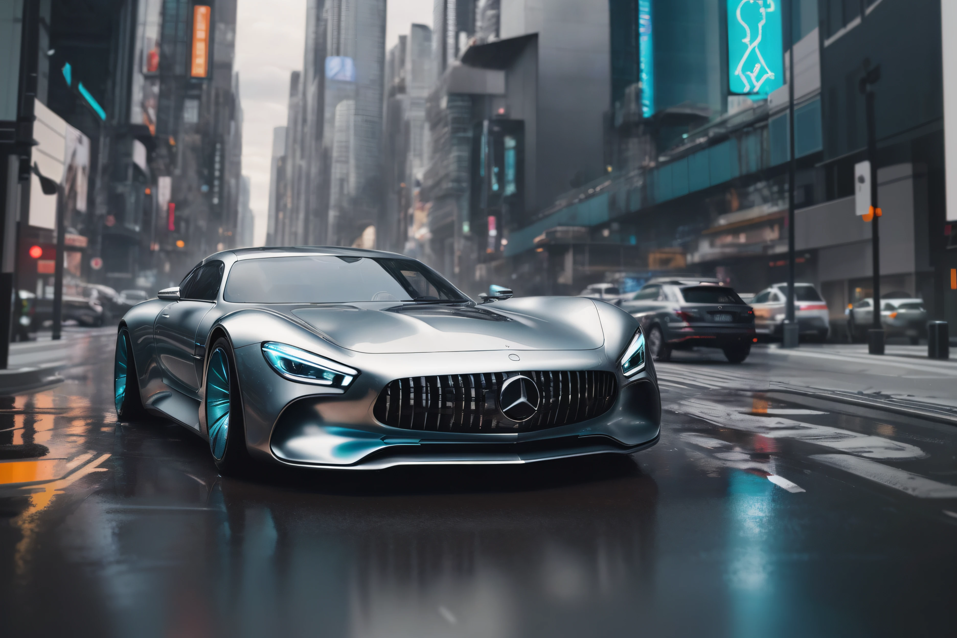 a close up of a silver car driving down a city street, 8 k high detail concept art, hyper real render, bmw and mercedes concept cars, concept art 8 k, 3 d hyper realistic render, futuristic product car shot, luxury hd render, 8 k cg render, 4k digital render, futuristic street, hyper detailed 3 d render, hyper detailed 3d render