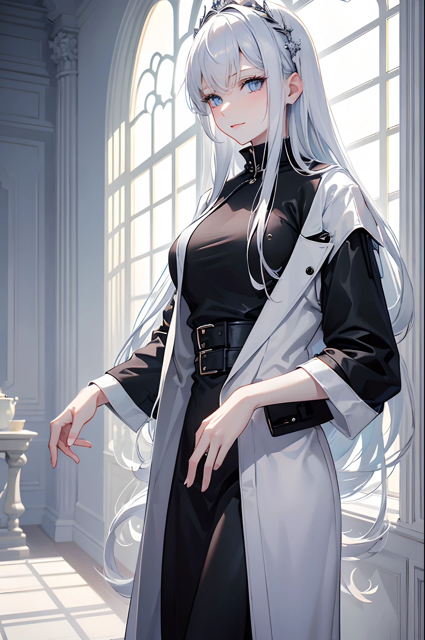 masterpiece, highlydetailed, ultra-detailed, cold, solo, (1woman), (pale skin), icyblue eyes, frosty white hair, young woman, medium breasts, goddess, cool kuudere girl, (long Black jacket), (modern casual clothes), sleepy, lazy, (smile:0.8), (polite clothes), (close clothes), CEO, rich, hair decoration, tall, (indoor), half body