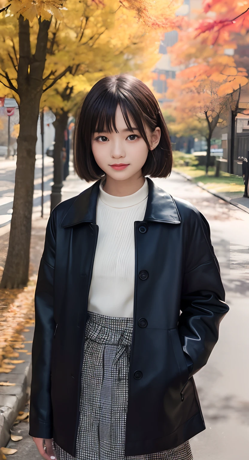 (top-quality、​masterpiece:1.2)、Best Quality、realisitic、photoshot、hight resolution、1080p、8K、Textured skin、Physical Rendering、1 Japan Girls、High 、kawaii、Young Face、bob cuts、(Autumn Outfit:1.5)、Autumn coat、Street、full of shyness、smil、Big