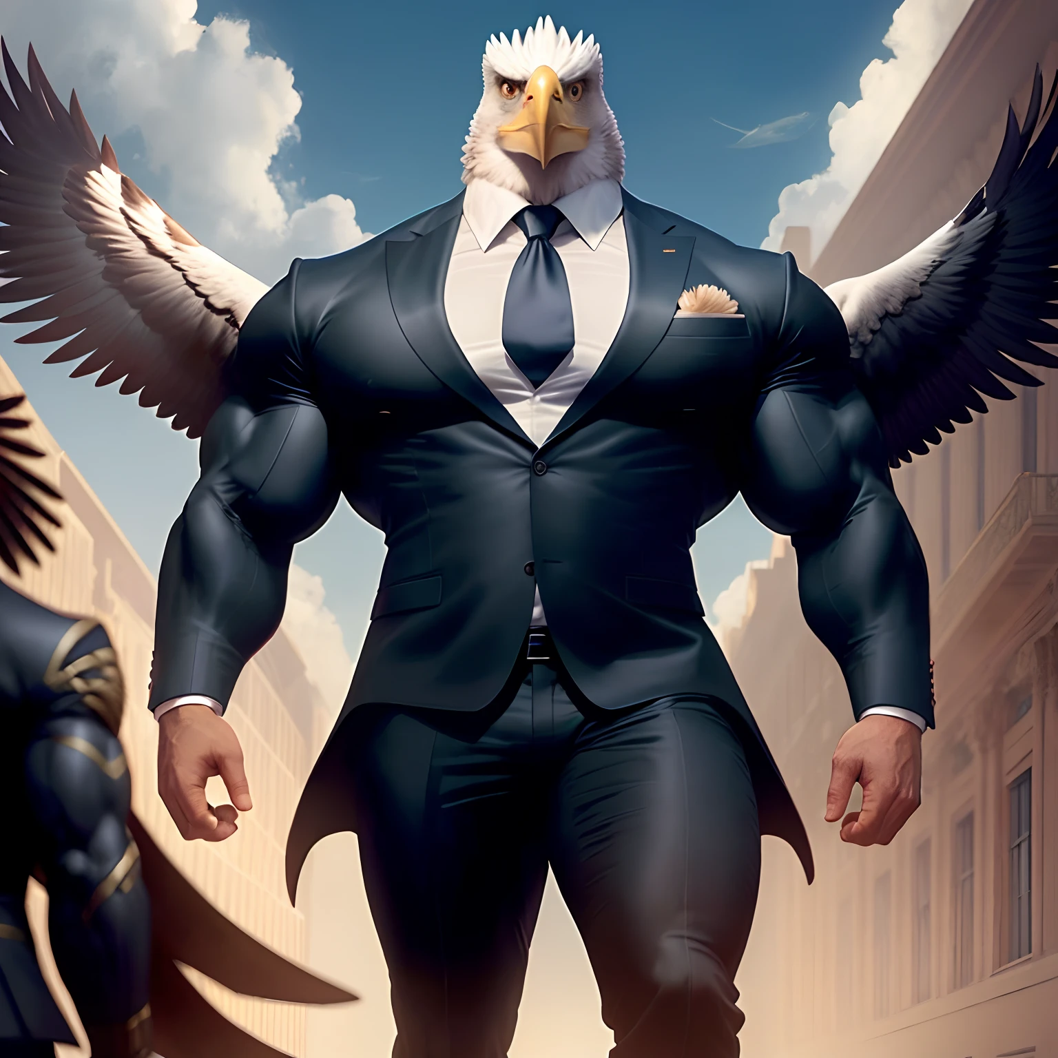 Anthro muscular eagle in suit as bodyguard with a huge torso , Huge arms , Huge pectorals