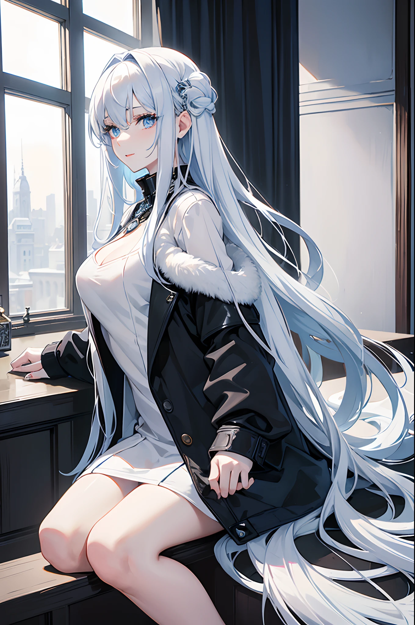 masterpiece, highlydetailed, ultra-detailed, cold, solo, (1woman), (pale skin), icyblue eyes, frosty white hair, young woman, medium breasts, goddess, cool kuudere girl, (long Black jacket), (modern casual clothes), sleepy, lazy, (smile:0.8), (polite clothes), (close clothes), CEO, rich, hair decoration, tall, (indoor), half body