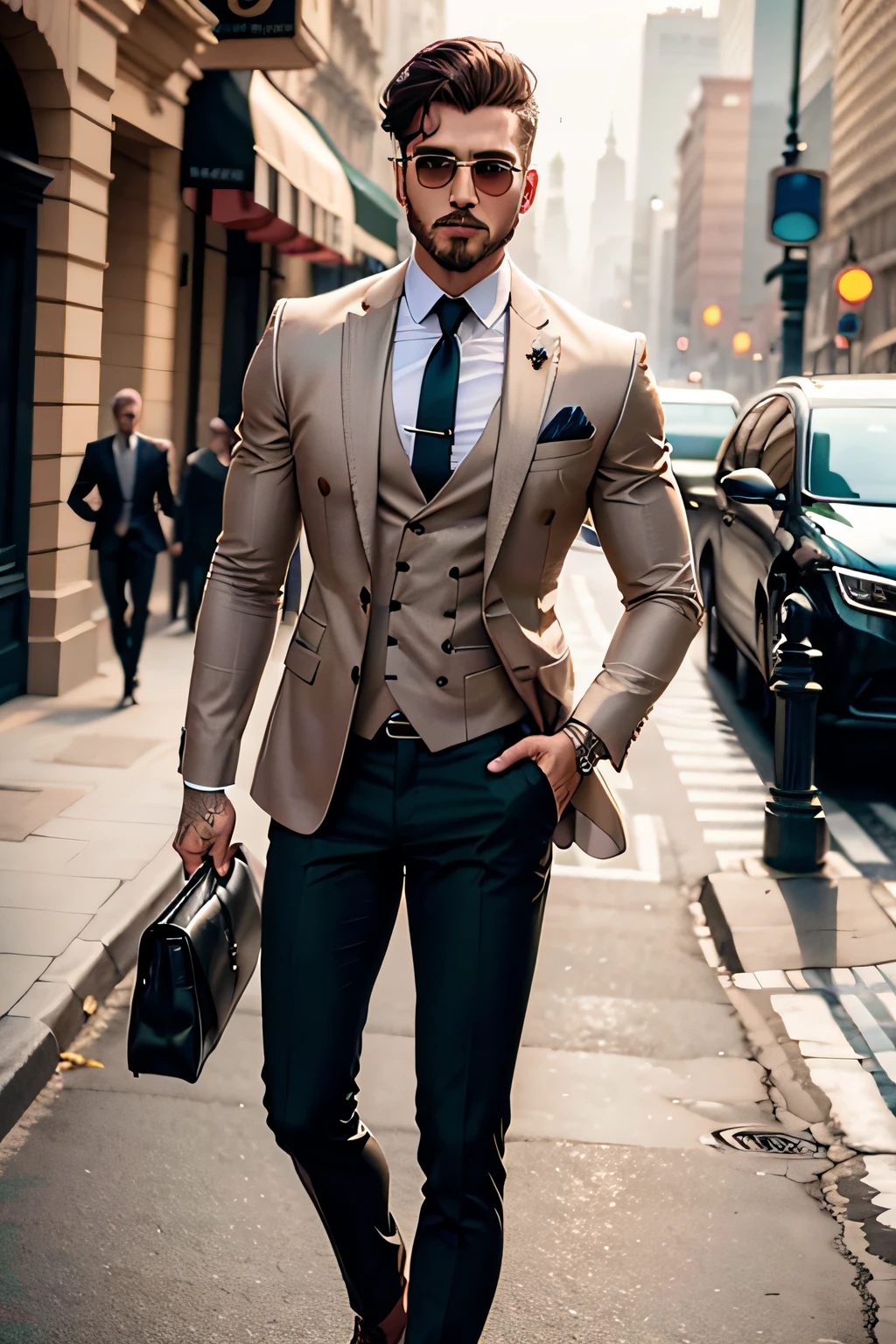 foto detallada de un hombre elegante a 30 metros, detalles ropa: traje elegante con doble botonera de estilo moderno y colores tierra, pantalones en colores a juego, con sombrero elegante con un toque original