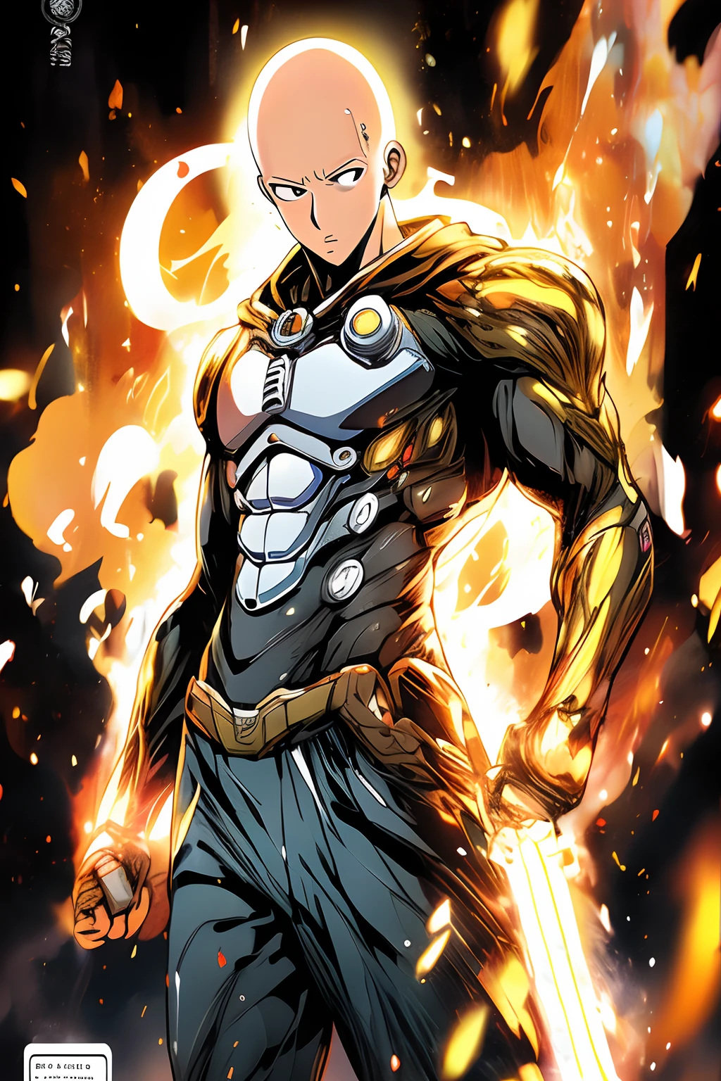 Estilo anime ultra instinto ((Saitama)) do anime one punch man,(((ROUPA COLADA NO CORPO DE pvc COMPLETAMENTE amarelAS ))), (em breve), ((Saitama)) , pose expressiva, corpo inteiro, Wet , night sky, chuva, pintura hiperdetalhada, Luminismo, arte por Carne Griffiths e Wadim Kashin arte conceitual, ((Saitama)),  4k resolution, fractal  isometrics details bioluminescens , 3D-rendering, octan render, intrinsecamente detalhado , ((Saitama)) , cinemactic, trending on arts tation Isometric Centered hype reallistic cover photo awesome full color, Hand drawn , corajoso , intrincado, hit definition , ((Saitama)) , cinemactic,rough sketch, linhas em negrito, no papel.