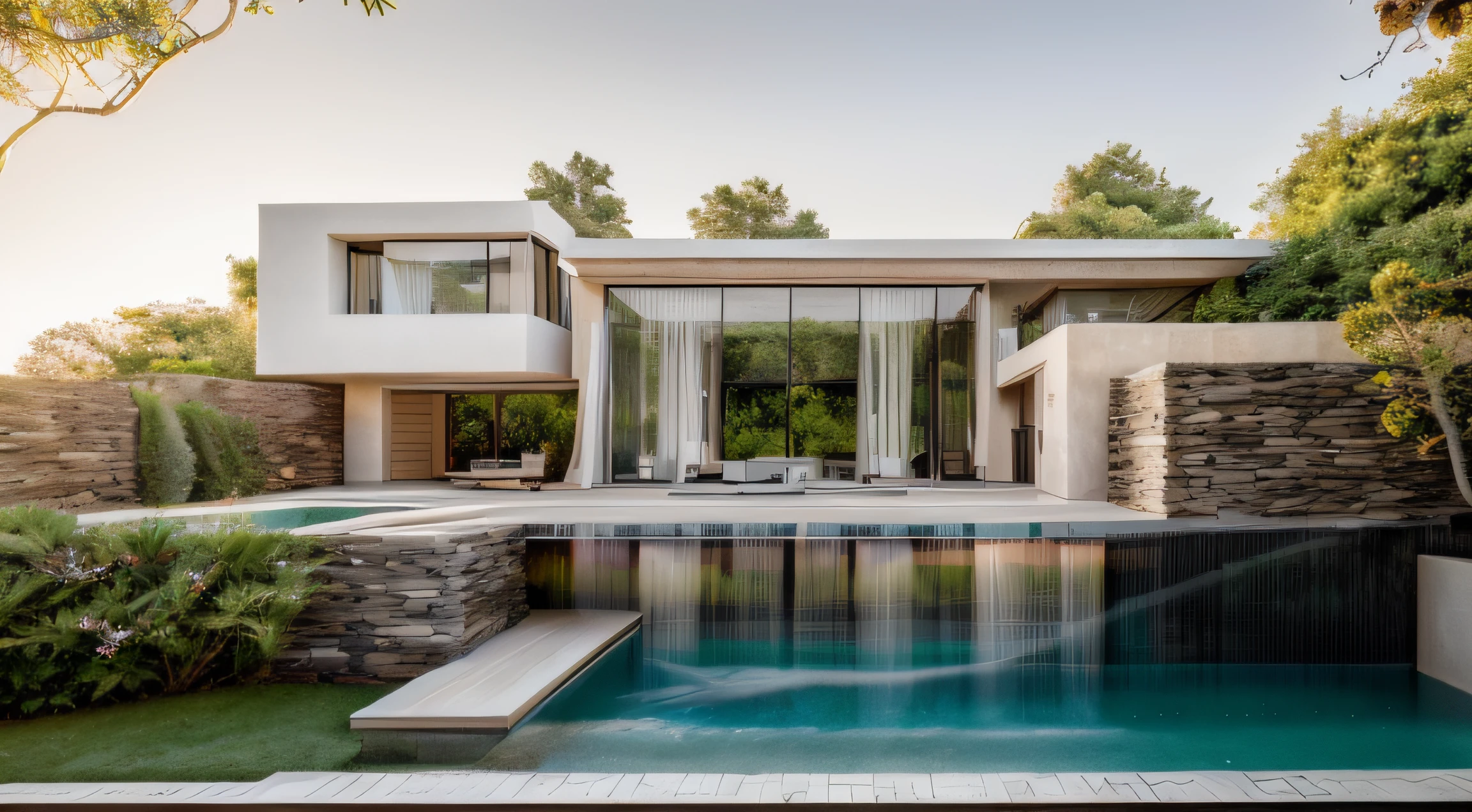 Exterior of a luxury villa contemporary style, slated stone promenade, small waterfall into pool, beautiful landscape with grass and flower bushes, plants, trees, rough stone wall, wood ceiling, huge glasses facade, full interior furniture inside, white and beige color scheme, daylighting, golden hour, beautiful summer sky, high quality, raw photo, masterpiece, 8k, uhd, Leica CL with Leica Summilux-TL 35mm f-1.4 ASPH