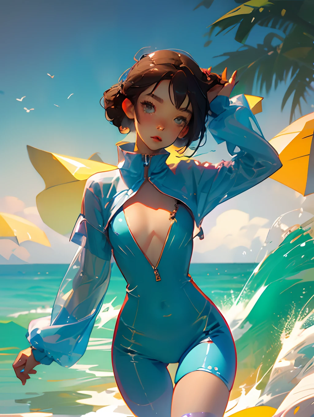 Girl anime, thigh gap, moist body, detailed, small breasts in tight bra, slim body, deep look, looking at the viewer