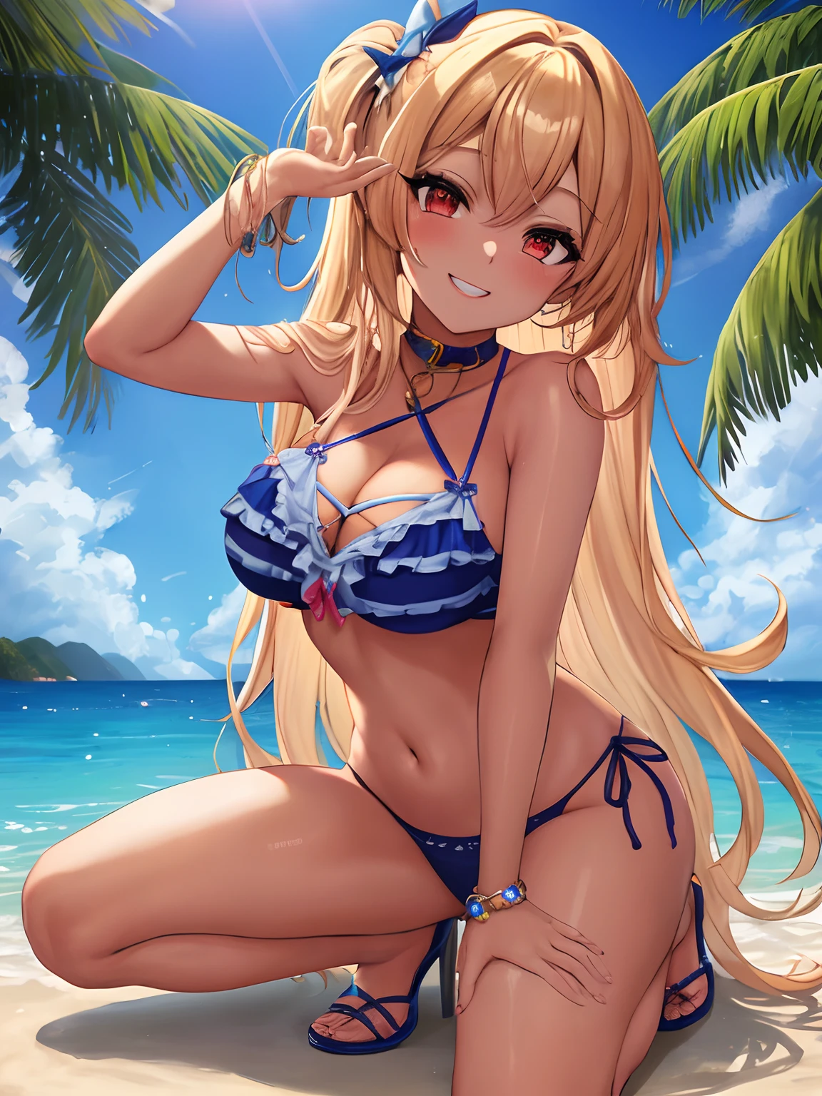 Gyaru chica con cabello rubio y ojos azules piel bronceada y una sonrisa y tacones altos y bikini, obra maestra, la mejor calidad