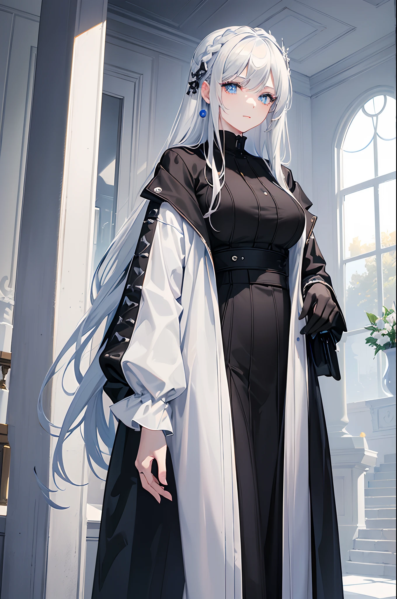 masterpiece, highlydetailed, ultra-detailed, cold, solo, (1woman), (pale skin), icyblue eyes, frosty white hair, young woman, medium breasts, goddess, cool kuudere girl, (long Black jacket), (modern casual clothes), sleepy, lazy, (smile:0.8), (polite clothes), (close clothes), CEO, rich, hair decoration, tall, (indoor), half body