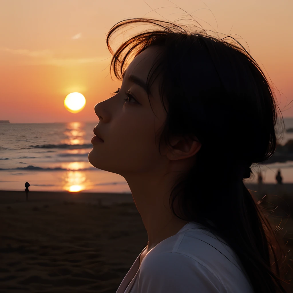 sideface，contours，Contre-Jour，the setting sun，girl，head looking up，Only the face