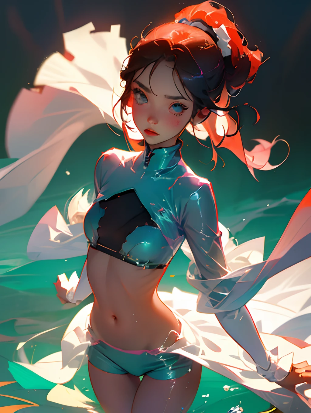 (((beautiful))), (((leotard, レースのleotard, 光沢のある長袖leotard, Full Body))), ((Black Hair, parted bangs, forehead, ponytail)), One Woman, Waistline, Narrow waist, Glowing Skin, (((Intricate details))), High resolution, ((Intricate details, Ultra-detailed)), Are standing, from front, wide shot, (looking at viewer, look at viewer), Red cheeks, smile, gym,