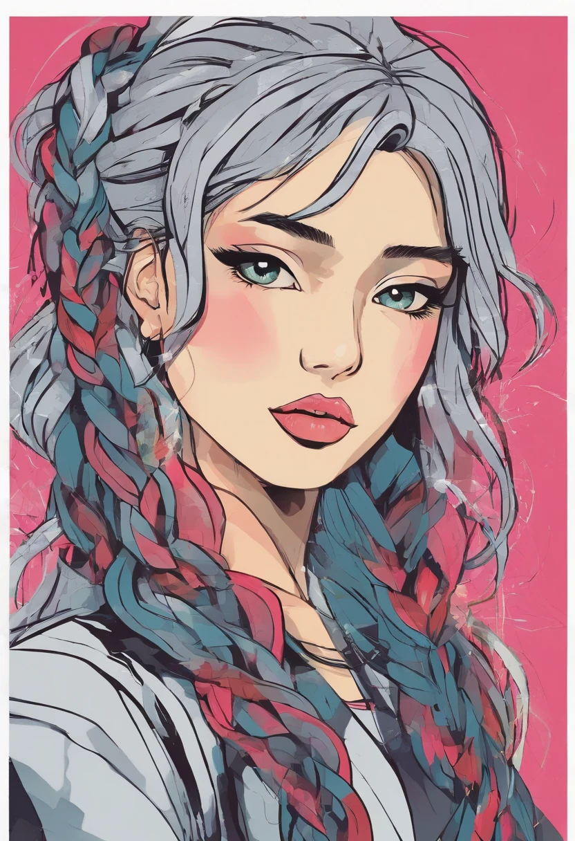 Generate a 90s Japanese anime-inspired portrait of a girl with grey hair, featuring two long braids. Her eyes should be black, and she should be wearing all black clothing. Add a small lightning scar on her face. The background should primarily be black with subtle grey accents. Ensure the artwork captures the nostalgic 90s anime aesthetic and apply a grain effect at 100% for that authentic vintage look.