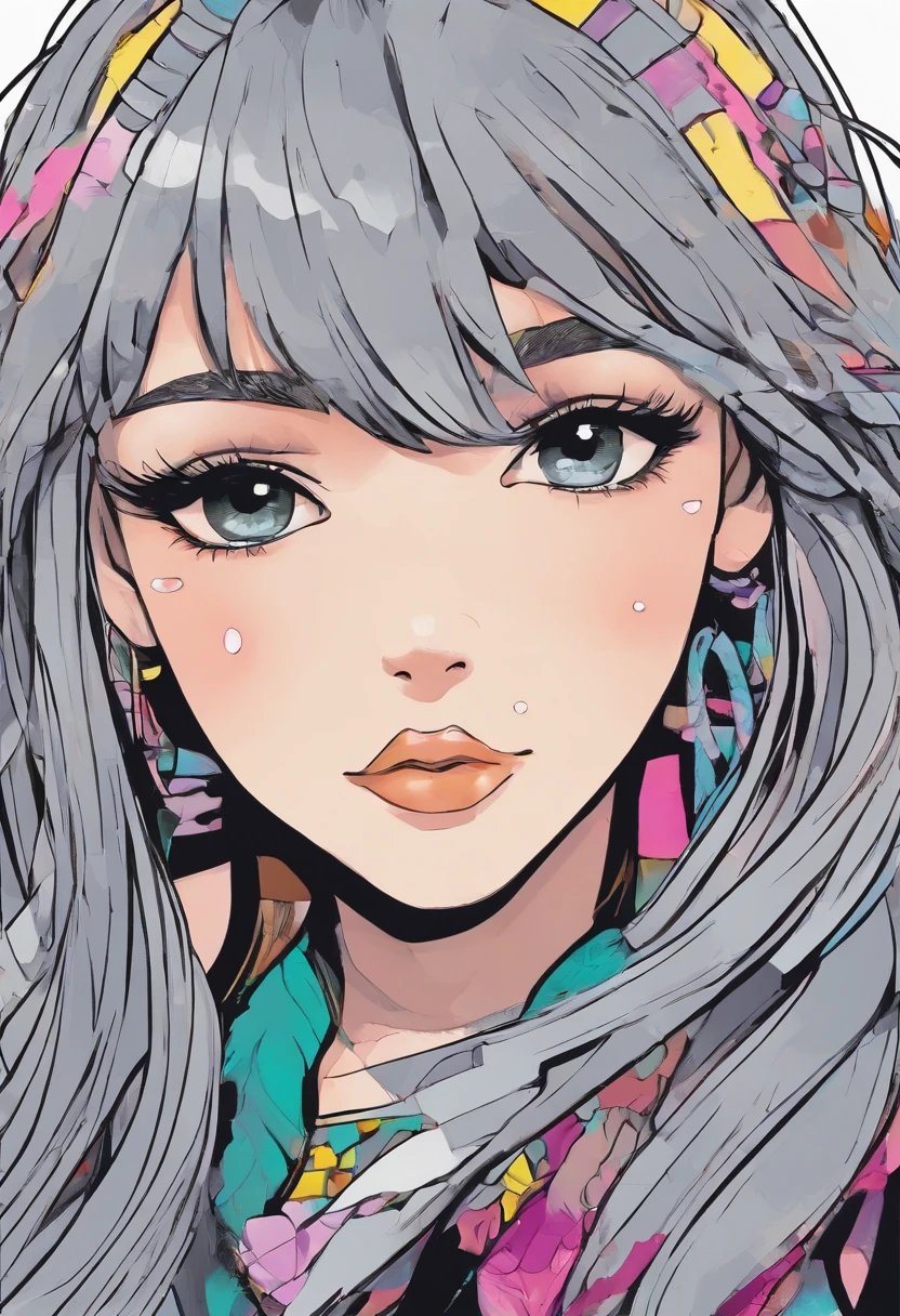 Generate a 90s Japanese anime-inspired portrait of a girl with grey hair, featuring two long braids. Her eyes should be black, and she should be wearing all black clothing. Add a small lightning scar on her face. The background should primarily be black with subtle grey accents. Ensure the artwork captures the nostalgic 90s anime aesthetic and apply a grain effect at 100% for that authentic vintage look.