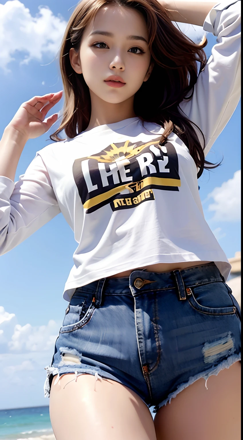 Best Quality, Portrait, Detailed eyes, Detailed lips, Medium bob hair, Beautiful flowing hair, White Half Sleeve T-Shirt, Denim shorts, voluptuous figure, Beach, sparkling sun, Blue sky, Fluffy clouds, Refreshing spring breeze, Shot from below, low angles