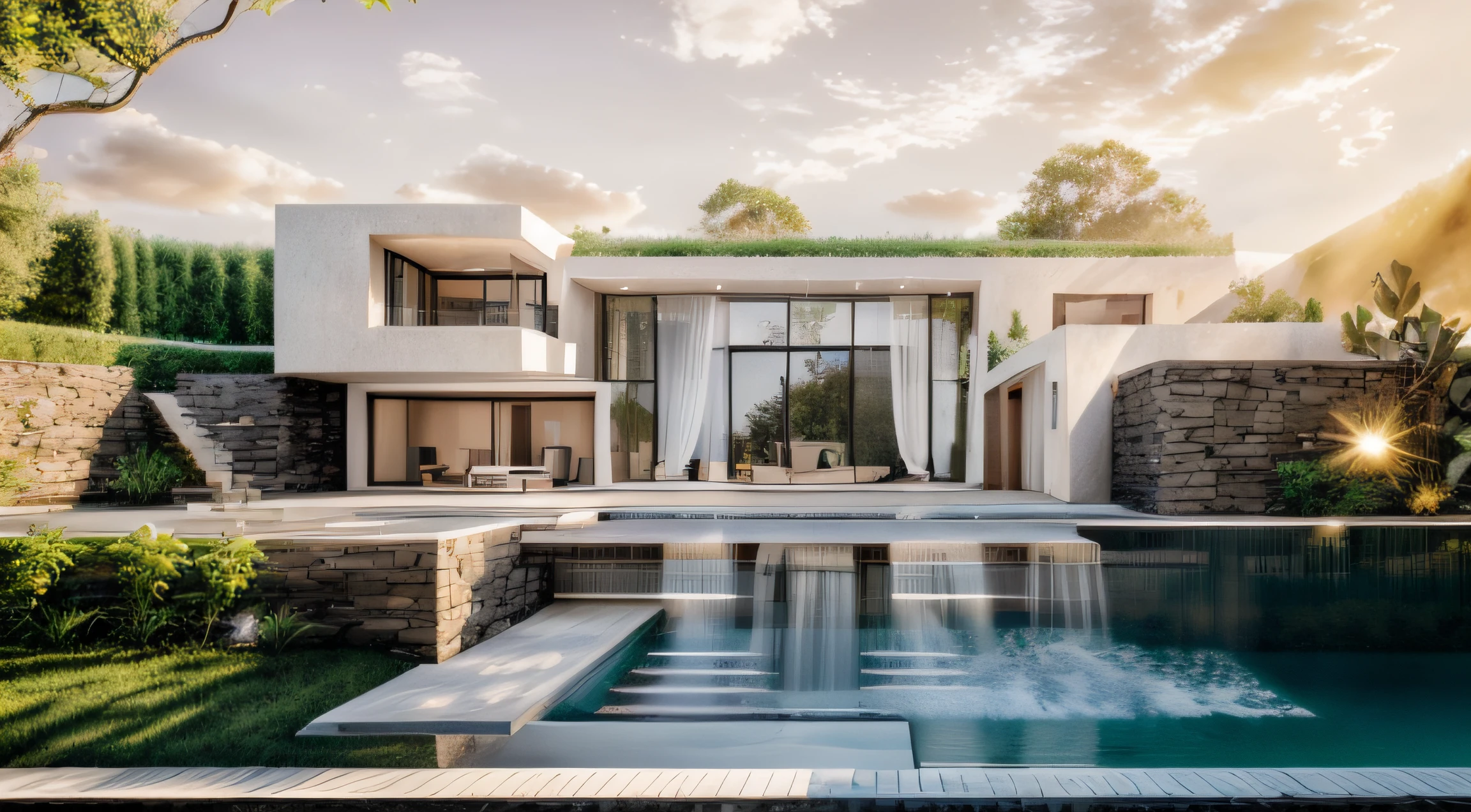 Exterior of a luxury villa contemporary style, slated stone promenade, small waterfall into pool, beautiful landscape with grass and flower bushes, plants, trees, rough stone wall, wood ceiling, huge glasses facade, full interior furniture inside, white and beige color scheme, daylighting, golden hour, beautiful summer sky, high quality, raw photo, masterpiece, 8k, uhd, Leica CL with Leica Summilux-TL 35mm f-1.4 ASPH