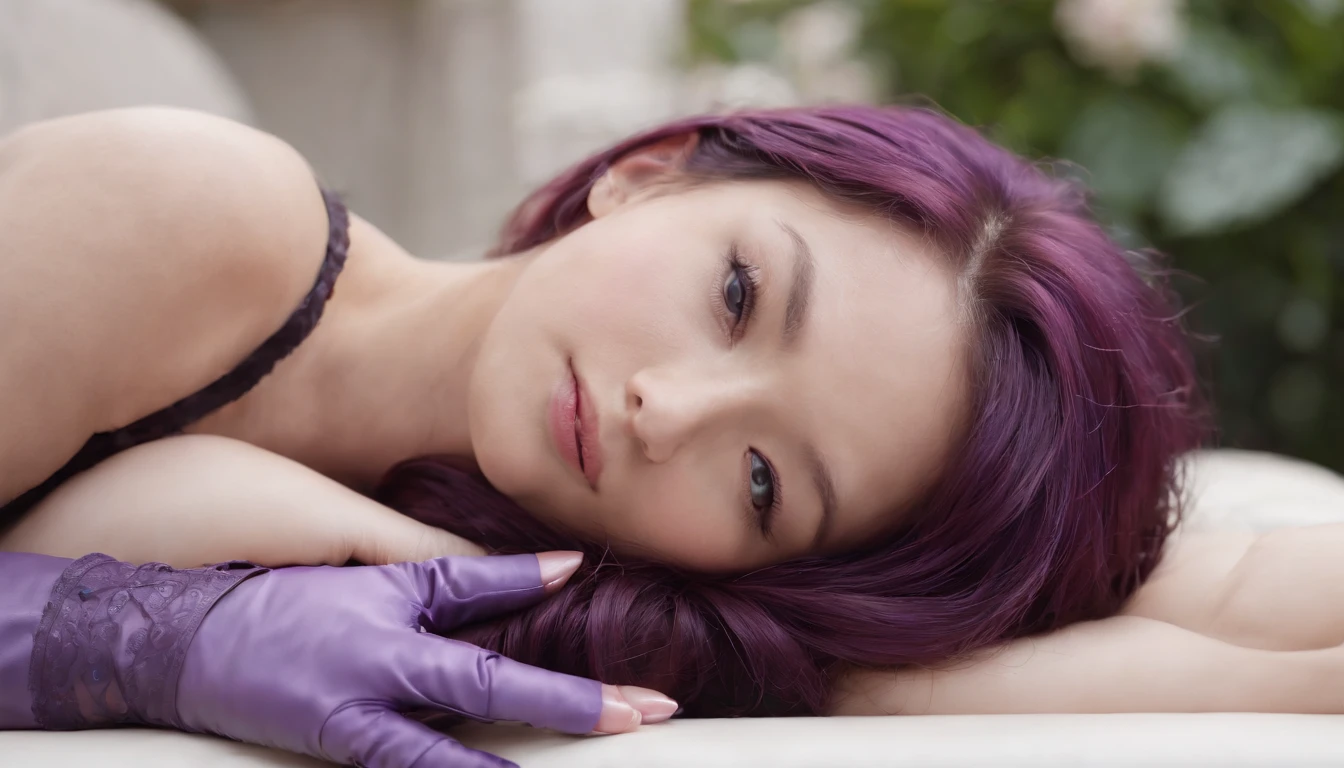 Purple leather gloves，Both hands have five fingers, Purple leather tight-fitting skirt, Pink blouse, Purple leather boots,Purple patent leather boots shiny stockings， Japanese girl with straight pink and purple hair, Sit in a leather chair，Align your feet, Hands with leather gloves on your knees