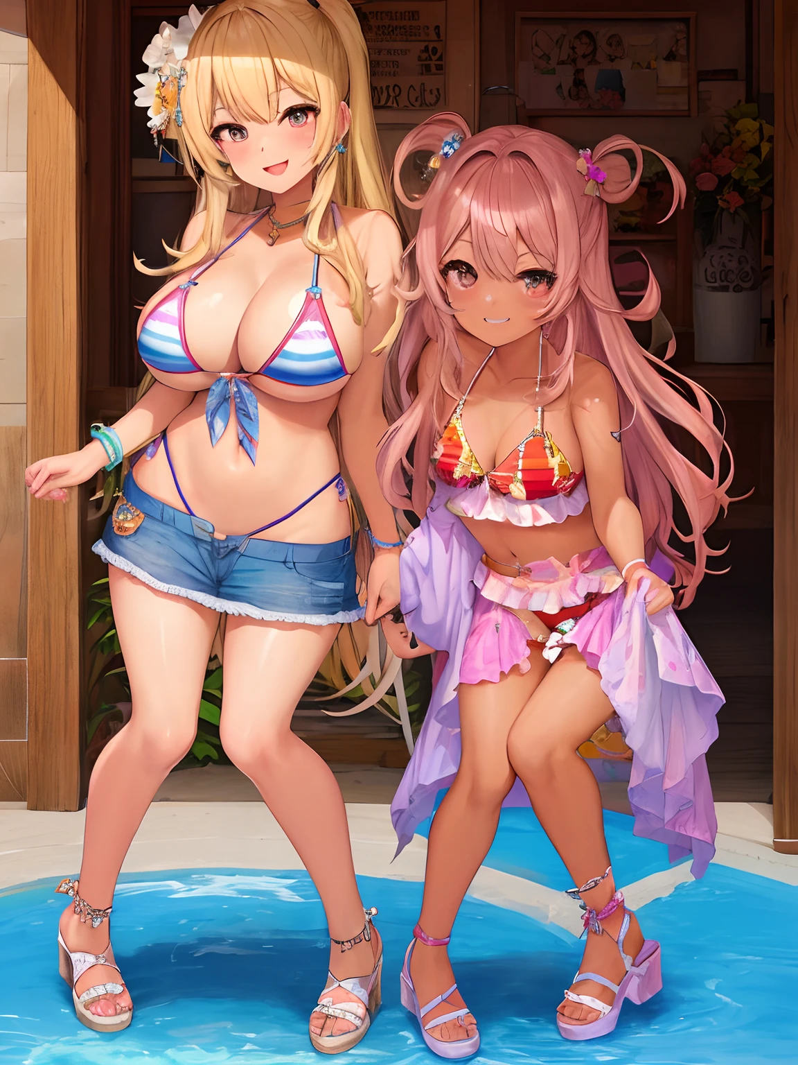 Gyaru chica con cabello rubio y ojos azules piel bronceada y una sonrisa y tacones altos y bikini, obra maestra, la mejor calidad