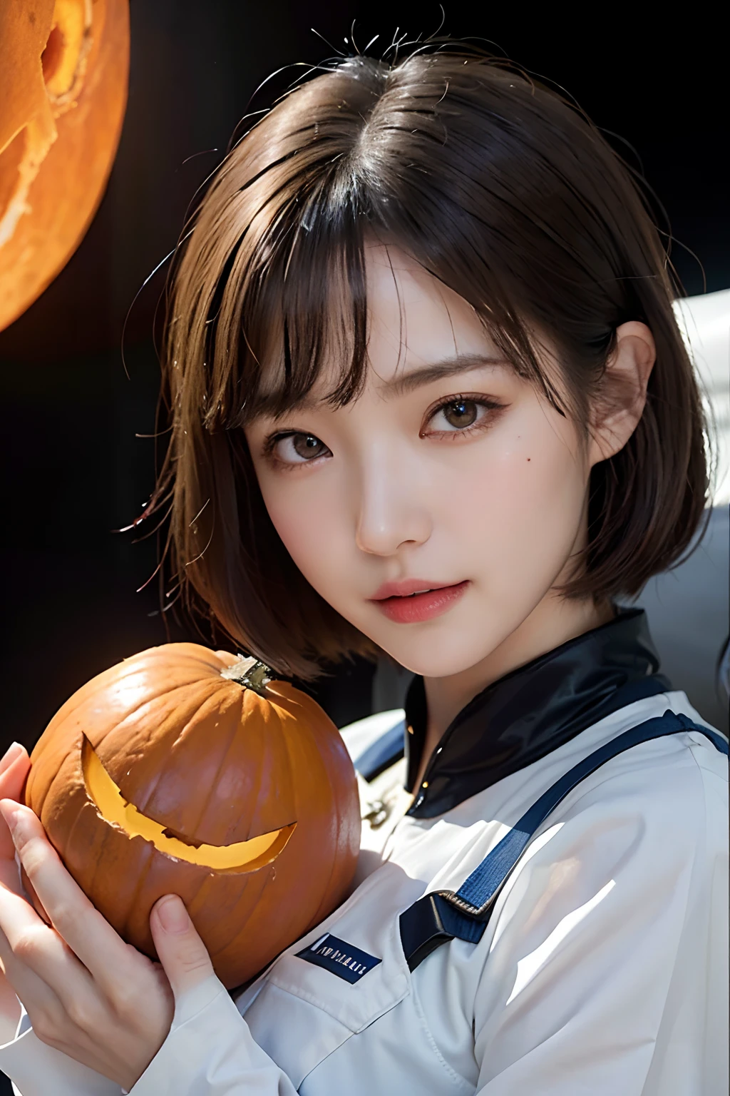 top-quality、masterpiece、超A high resolution、(realisitic:1.4)、Beautuful Women1、Beautiful detail eyes and skin、ssmile、Light brown short-cut hair、The perfect spacesuit、spaceships、Mysterious planet、Giant pumpkin、the bats、