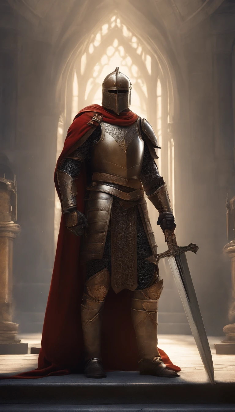 A man in armor stands in the hall with a sword, full portrait of magical knight, ares with heavy armor and sword, Fantasy warrior in full armor, paladin golden armor, arsen lupin as a paladin, Amazing 8K character concept art, for honor charector concept art, knight armored in red, Epic Paladin armor, holy crusader medieval knight, great sword, nebula background, stars falling