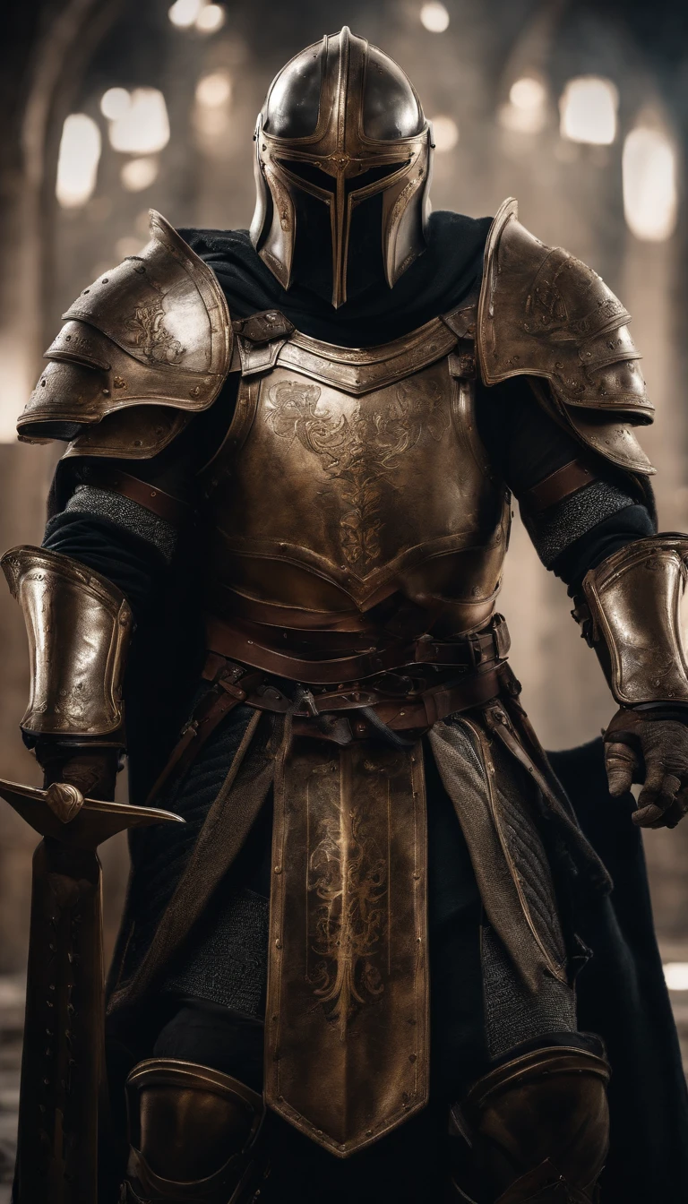 A man in armor stands in the hall with a sword, full portrait of magical knight, ares with heavy armor and sword, Fantasy warrior in full armor, paladin golden armor, arsen lupin as a paladin, Amazing 8K character concept art, for honor charector concept art, knight armored in red, Epic Paladin armor, holy crusader medieval knight, great sword, nebula background, stars falling
