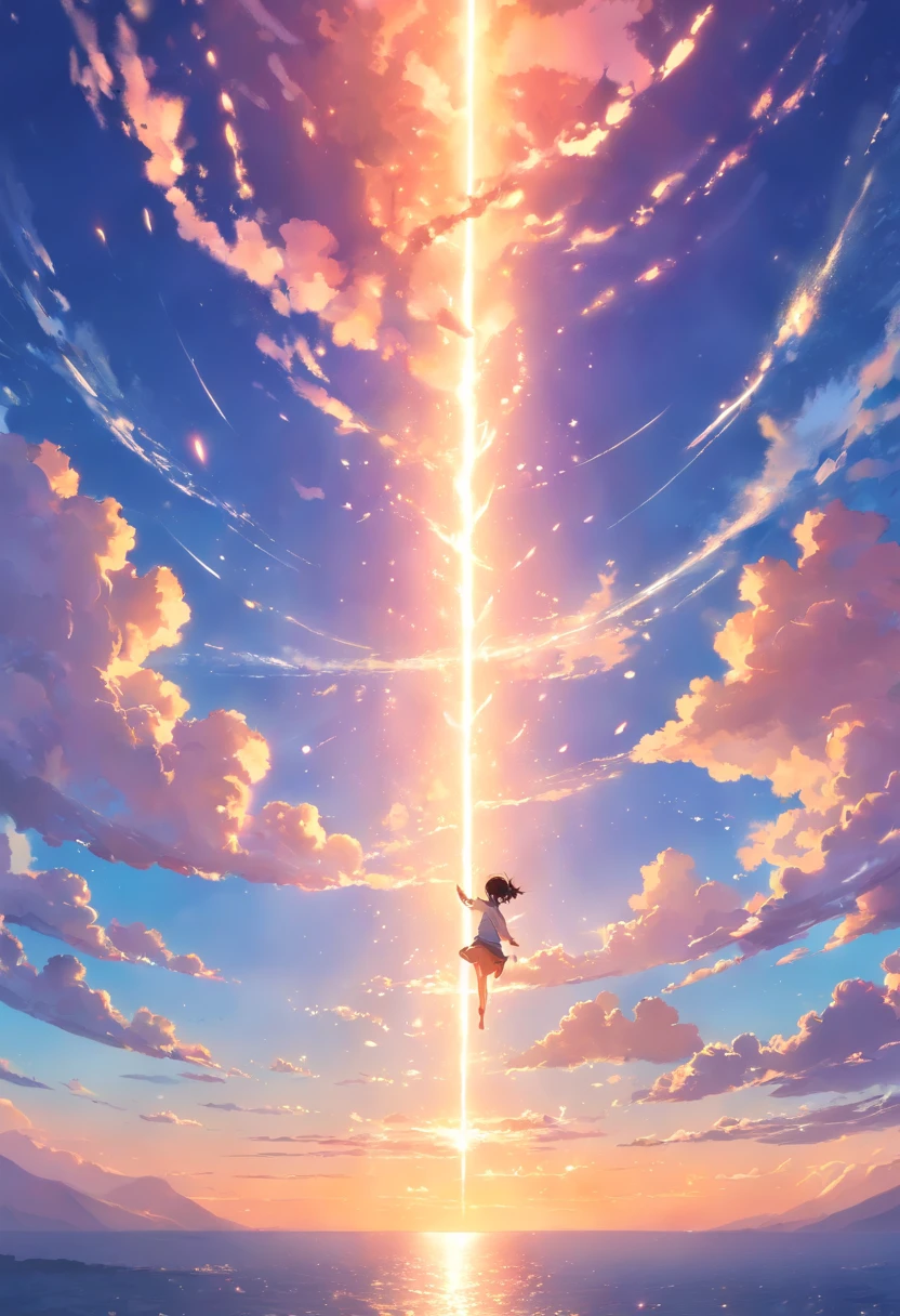 masterpiece, best quality, movie still, 1dragonl, floating in the sky, close-up, bright, happy, warm soft lighting, sunset, (sparks:0.7)