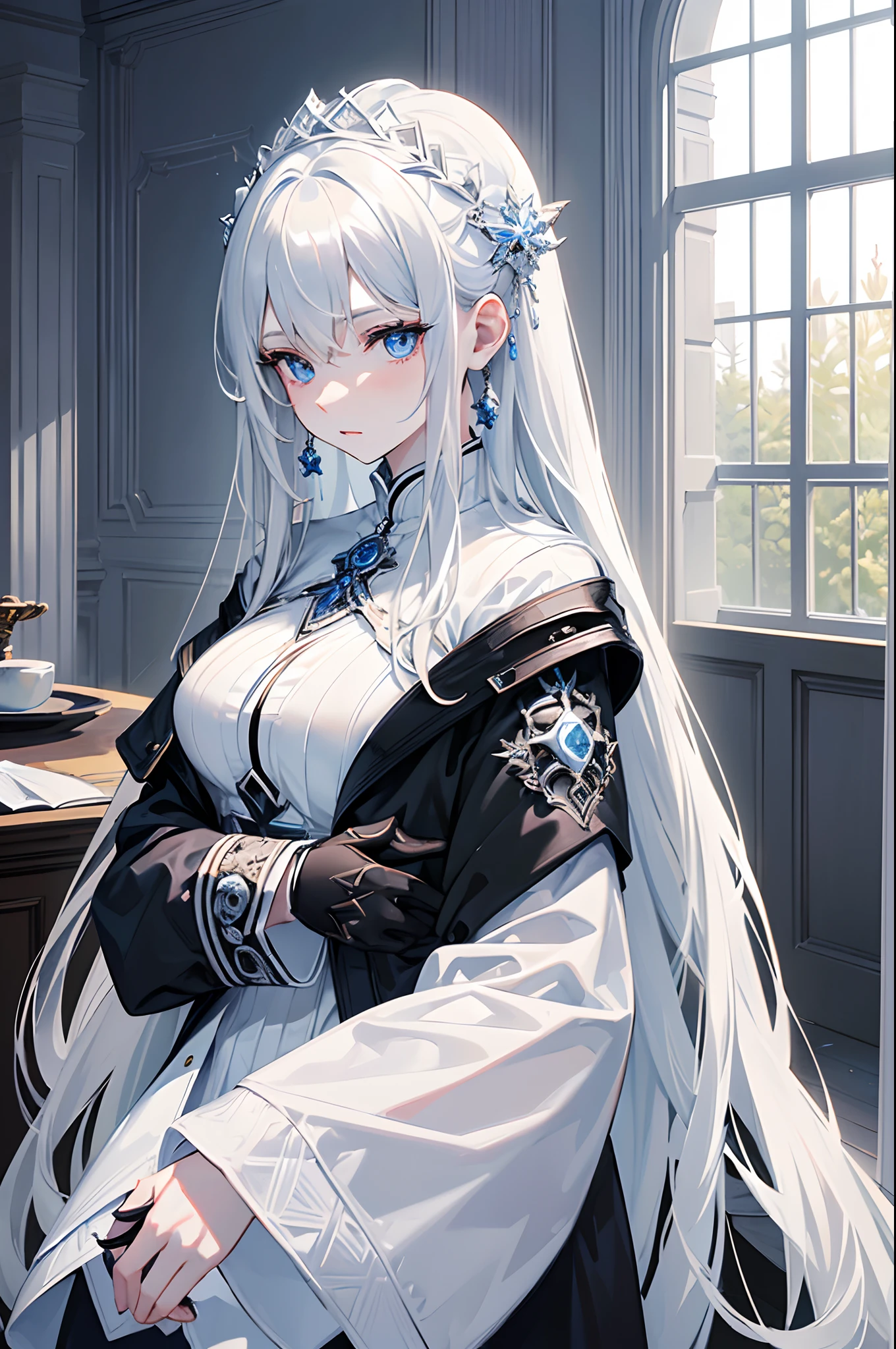 masterpiece, highlydetailed, ultra-detailed, cold, solo, (1woman), (pale skin), icyblue eyes, frosty white hair, young woman, medium breasts, goddess, cool kuudere woman, (long Black jacket), (modern casual clothes), (cold woman), (polite clothes), (close clothes), CEO, rich, hair decoration, tall, (indoor), half body