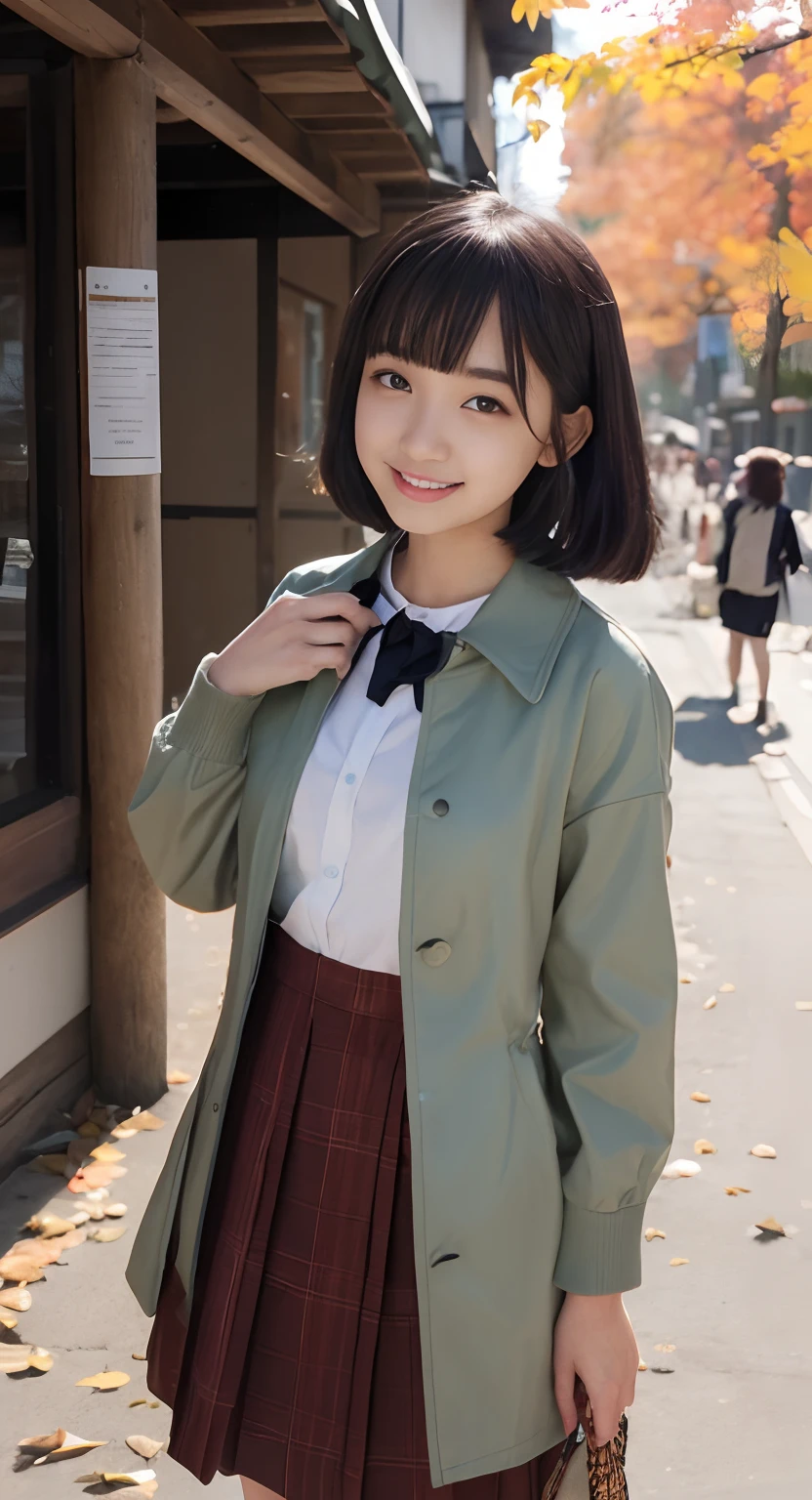 (top-quality、masterpiece:1.2)、Best Quality、realisitic、photoshot、hight resolution、1080p、8K、Textured skin、Physical Rendering、1 Japan Girls、High school students、kawaii、Young Face、bob cuts、(Autumn outfit:1.5)、Autumn coat、Inside the city、full of shyness、smil、Big