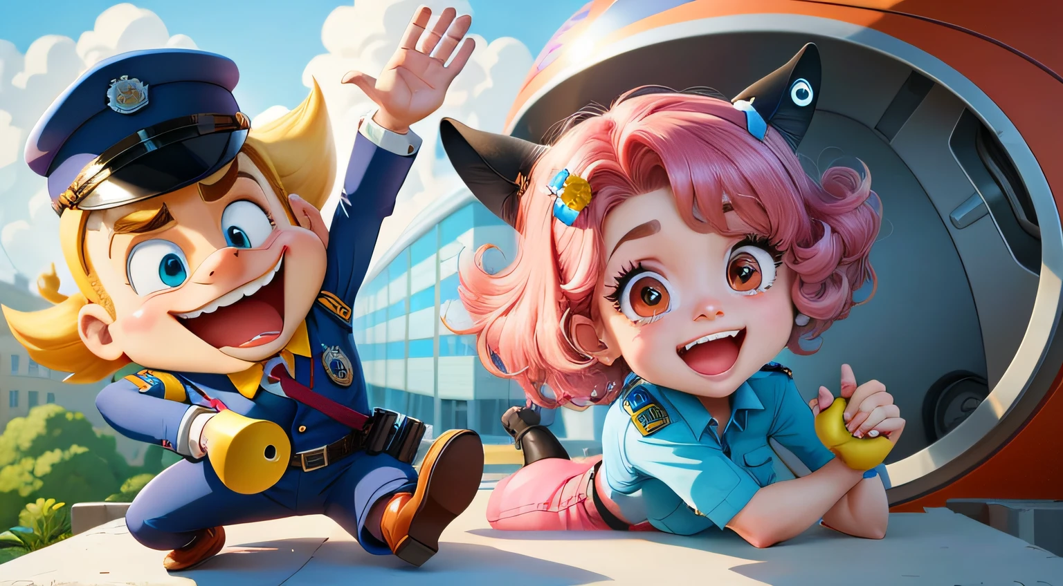 cartoon characters of a police officer and a girl, cute, cute cartoon, 2d animation, cartoon style, animated film, animated cartoon, animation, anime