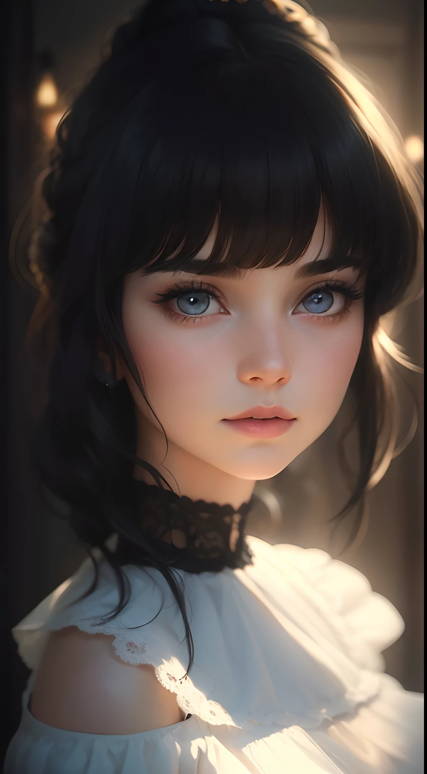 A stunning young woman with porcelain skin and cascading curls, adorned in a delicate white lace blouse. Her ornate Victorian era blouse features a dark collar and choker, adding a touch of mystery to her portrait. With her head turned one quarter profile, she gazes directly at the camera with her perfect, identical grey eyes. The image is rendered in 24k resolution, capturing every intricate detail.