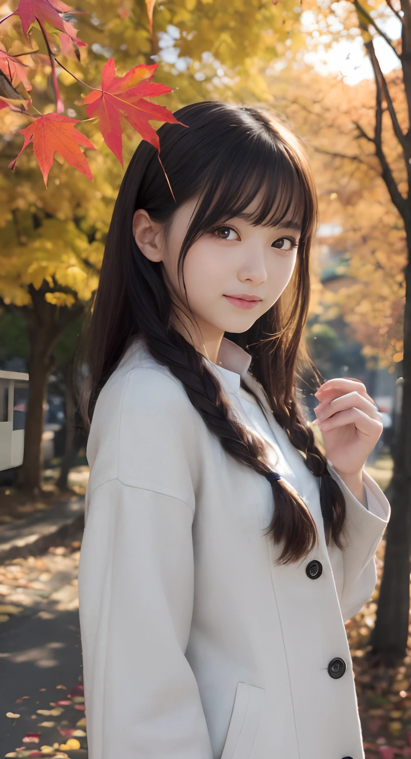 (top-quality、​masterpiece:1.2)、Best Quality、realisitic、photoshot、hight resolution、1080p、8K、Textured skin、Physical Rendering、1 Japan Girls、High school students、kawaii、Young Face、Hair tied back、(Autumn outfit:1.5)、Autumn coat、Inside the city、full of shyness、smil、Big