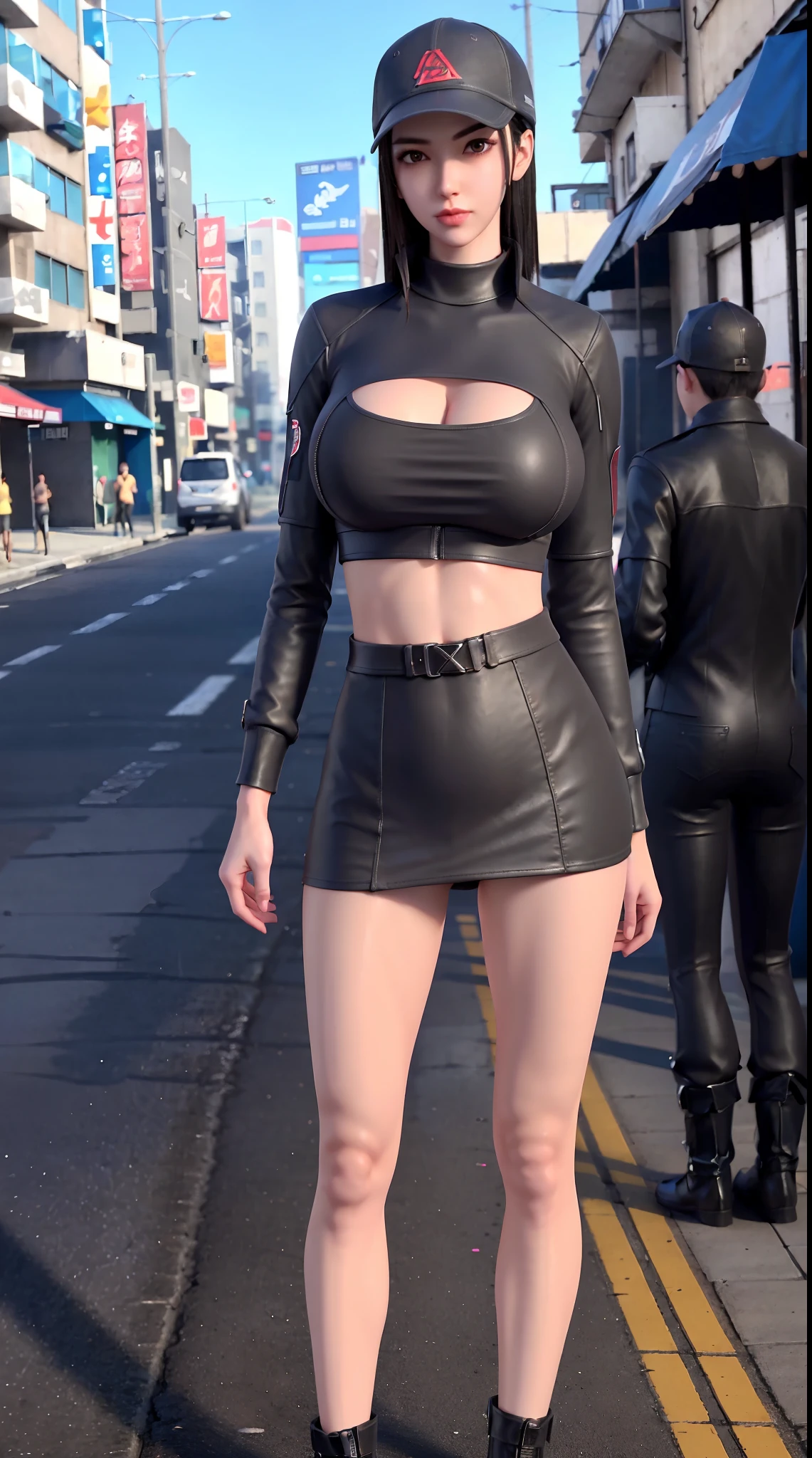 Realistic, physically-based rendering, 1girl, Female model chinese, (huge fake breasts:1.1), (street city), muscular body, slender, slim waist, big buttocks, expose muscle abs, (Full body:1.3), tight leather short skirt, cleavage, skintight crop top sweater full body.