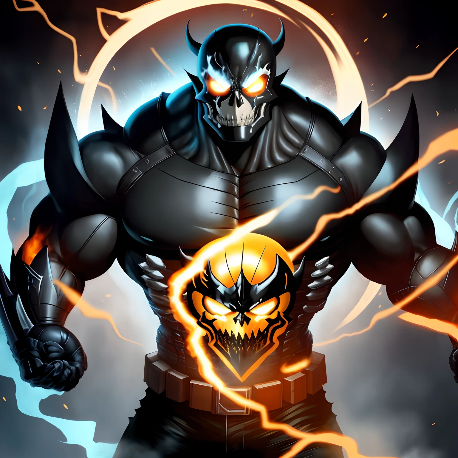 Fusion between venom and ghost rider , with huge arms huge tordo , huge pecs