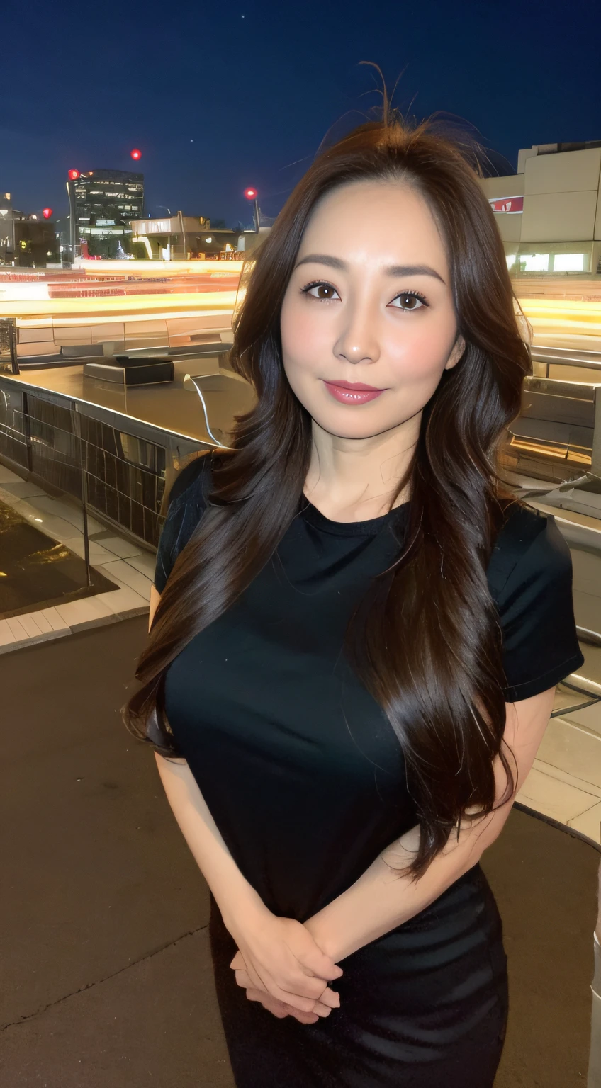 ((midynight, Need, 8k, tmasterpiece:1.3)), full bodyesbian, Long legs, Focalors:1.2, perfect figure beautiful woman:1.4, ((Dark brown hair)), ( [see-through:evening dress:0.3], standing on your feet:1.2), ((city night scene, the roof:1.3)), Highly detailed facial and skin texture, A detailed eye, double eyelid，Beauty,Wavy hair, Wrinkles at the corners of the eyes, to emphasize, ，Bigchest，aged 40, Wrinkled eyes,
