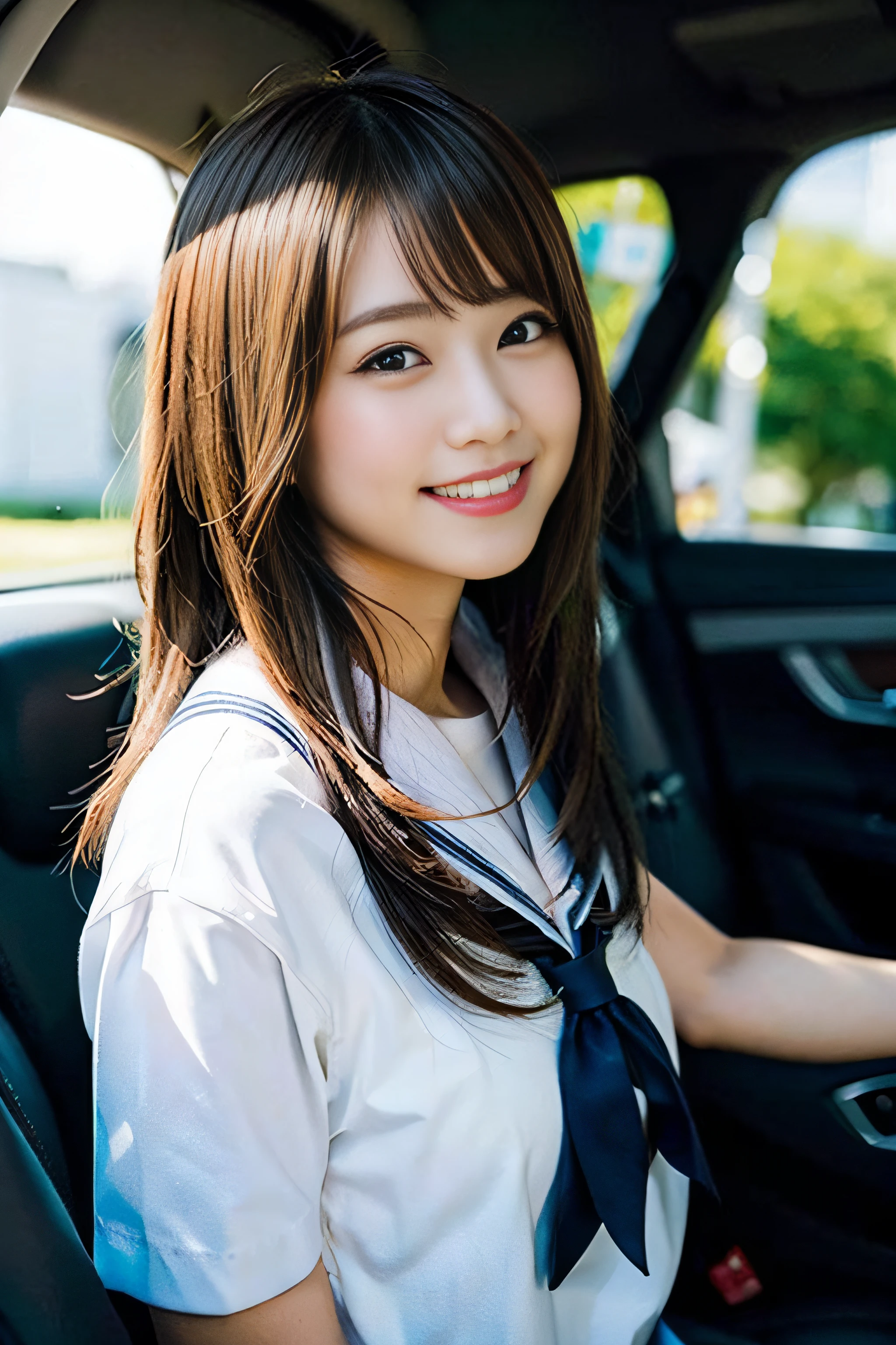 (8K、Raw photography、top-quality、masterpiece:1.2)、(realisitic、Photorealsitic:1.37)、ultra-detailliert、超A high resolution、1人、see the beholder、beautifull detailed face、A smile、Constriction、(Slim waist) :1.3)、Beautiful detailed skin、Skin Texture、Floating hair、Professional Lighting、Whole human body、Longhaire、a blond、japanese hight school uniform、a sailor suit、Bob Hair、Happy smile、17 age、a baby face、Red ribbons、Suppin、Childish smile、Car passenger seat、E Cup Breast