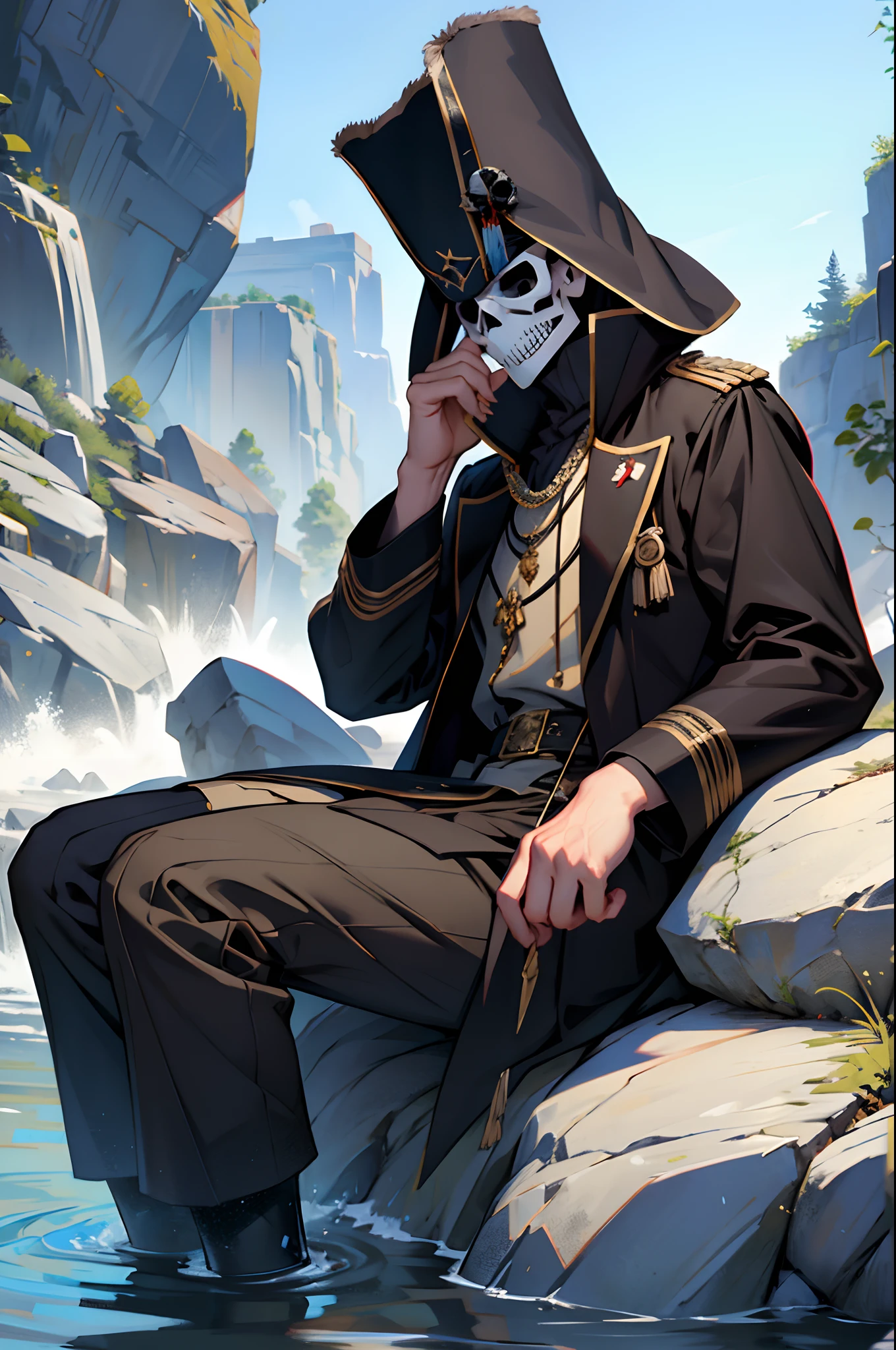 Man with skull face, riverside, sitting on a rock, with Bicorne and Redingote coat.