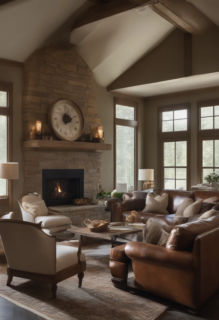 there is a living room with a couch, a table, and a fireplace, real estate photography, a wide full shot, detailed wide shot, big open floor, bottom angle, interior photography, listing image, high end interior, taken with canon 5d mk4, full length shot, above the family room, well edited, indoor shot, color corrected