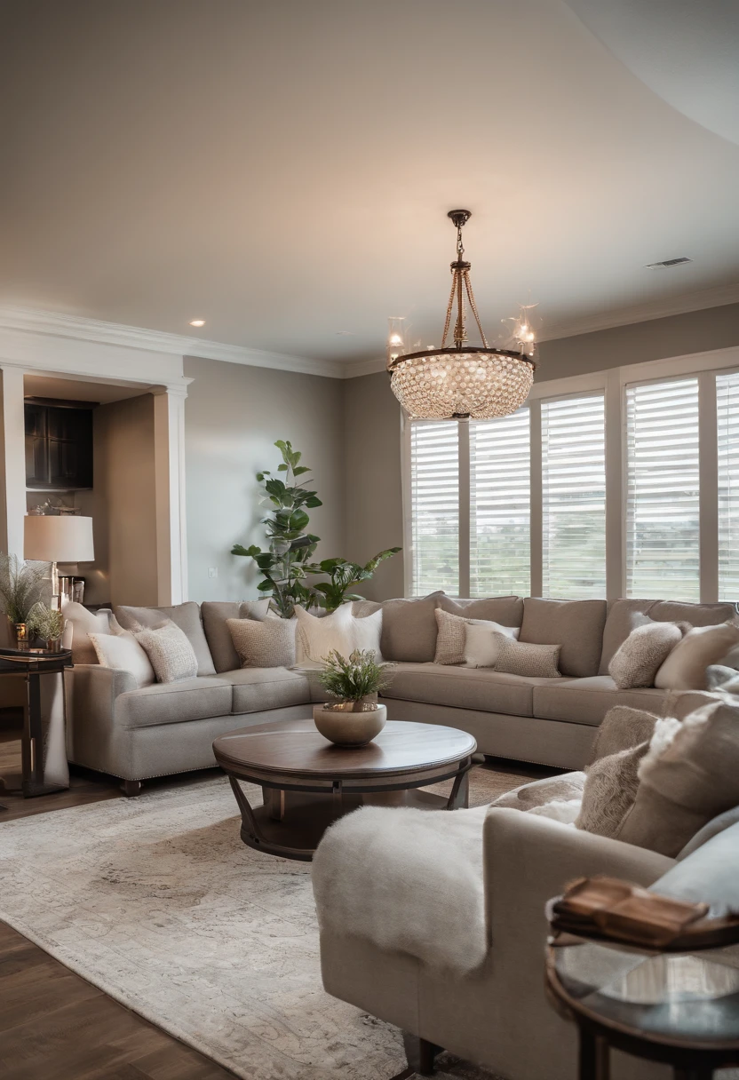 there is a living room with a couch, a table, and a fireplace, real estate photography, a wide full shot, detailed wide shot, big open floor, bottom angle, interior photography, listing image, high end interior, taken with canon 5d mk4, full length shot, above the family room, well edited, indoor shot, color corrected