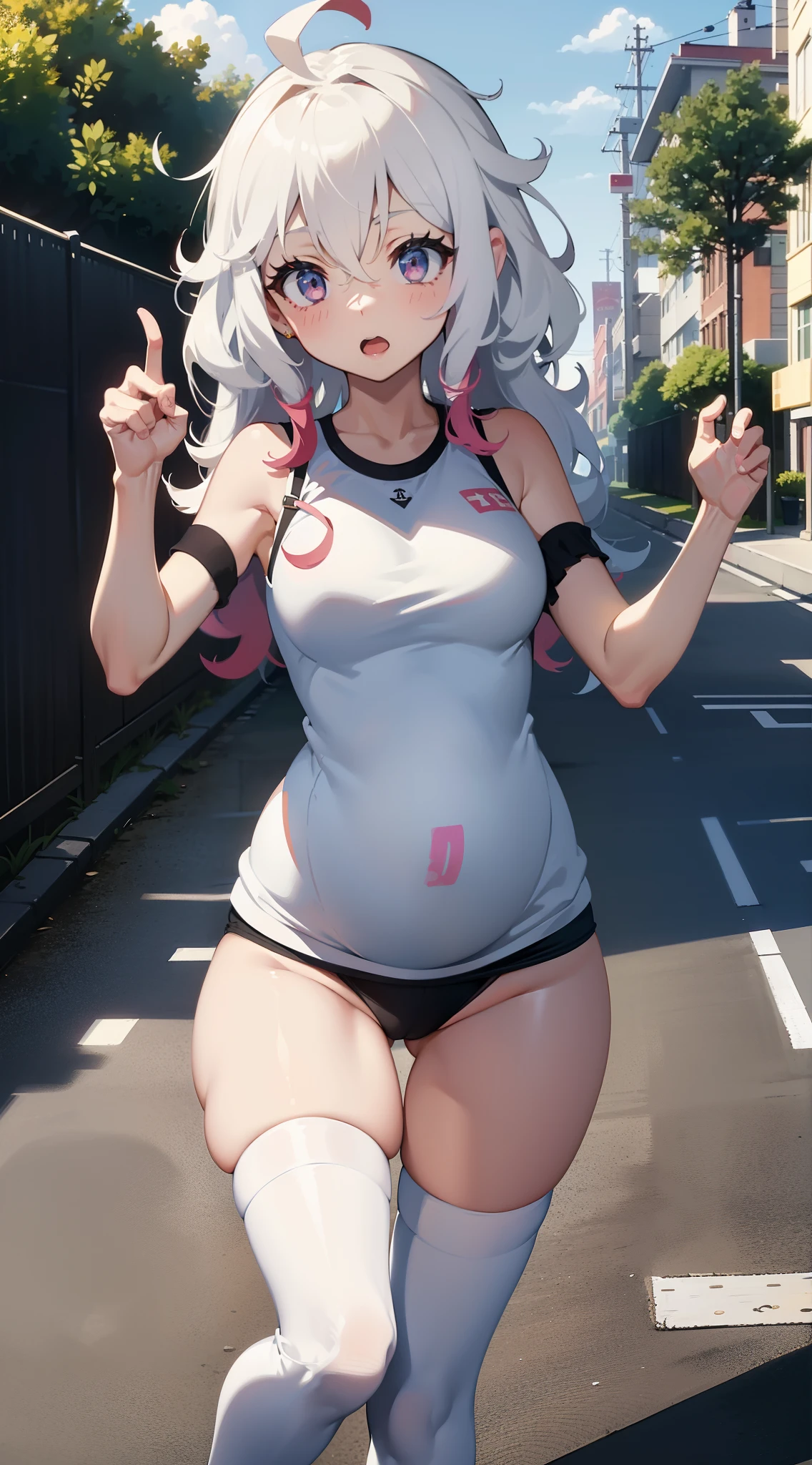 Masterpiece, 1girll, yukino yukinoshita, Glowing eyes, White sneakers, track suit, White miniskirt, White panties, White knee socks, Masterpiece, Top quality, Hyper-detailed, Blue sky, grabbing her own breasts,Pregnant belly,Pregnant belly, Masterpiece,Best quality,absurderes,2D,((Anime screencap)),1girll,Cute,Expressive hair,Long hair,(Medium breasts),bouncing breasts,(pregnant:0.9),ahegao,Long shirt,vibrator in thighhighs,(((Trembling))),Outdoors,street