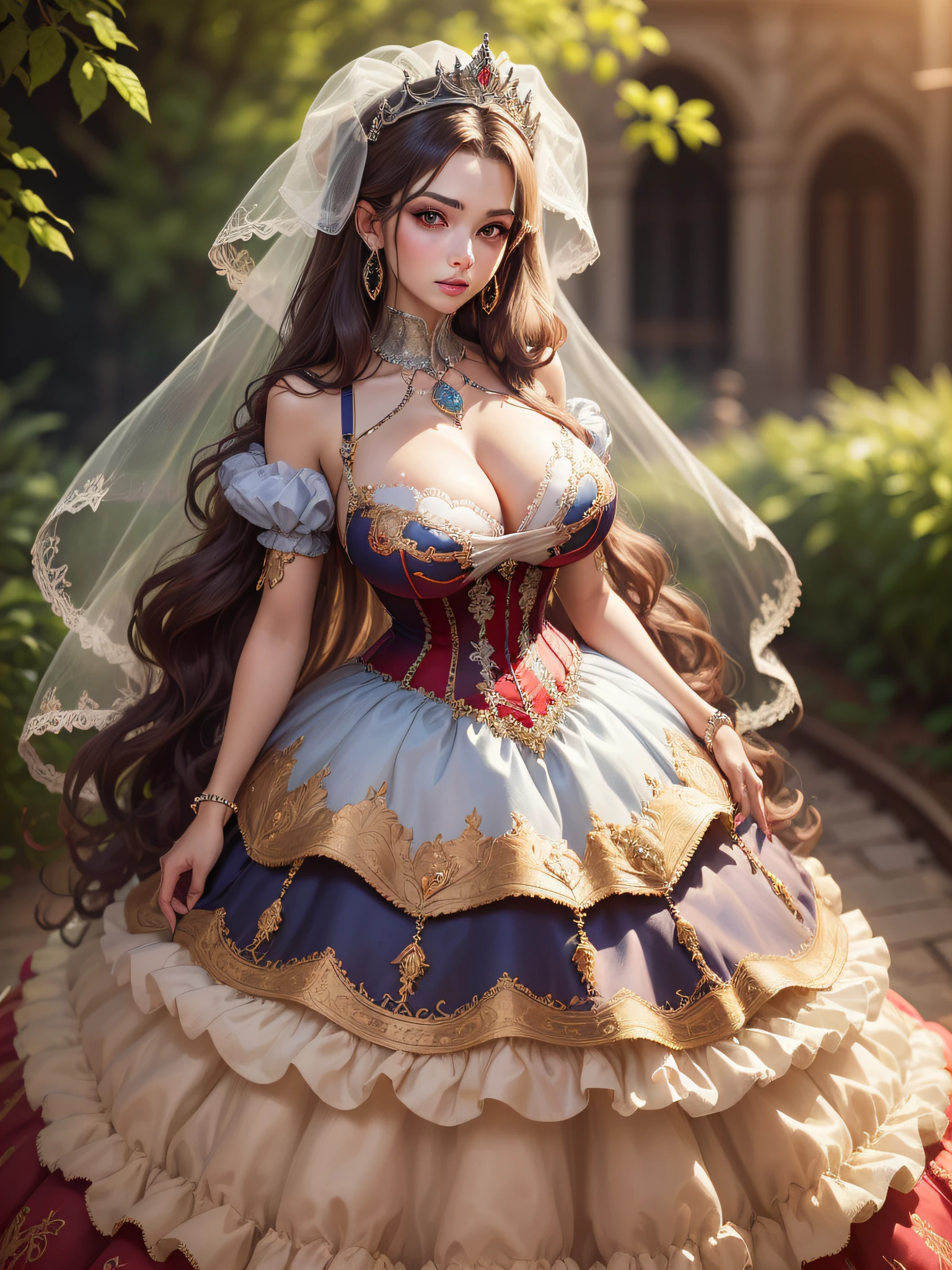 ((anime artstyle)),(Masterpiece),(Best Quality), (Super Detail),((Very Delicate and Beautiful)),cinematic lighting,1 girl,((full body portrait)),((standing in garden)),((solo)),(((1 bling-bling princess in gorgeous embroidery and jeweled extremely gorgeous princess rococo ballgown with voluminous full length hoop skirt))),an hourglass waist,padded and corseted bodice,(((huge crinoline hoopskirt))),long train,((gorgeous embroidery and jeweled)),voluminous frills,See-through,(gorgeous embroidery and beautiful lace),(((extremely gigantic tits,skindentation))),cleavage,((large amount of straight hair,extremely voluminous Straight long Hair,Very Long Straight Hair)),(finely detailed face and eyes),clear pupil,extremely gorgeousfull hair ornament,(bling-bling jeweled extremely gorgeousfull tiara),(bling-bling gorgeous gemstone jewelry),long veil,(beautiful background),(full body),((gorgeous embroidery and jeweled extremely gorgeous princess rococo ballgown with voluminous full length hoop skirt))