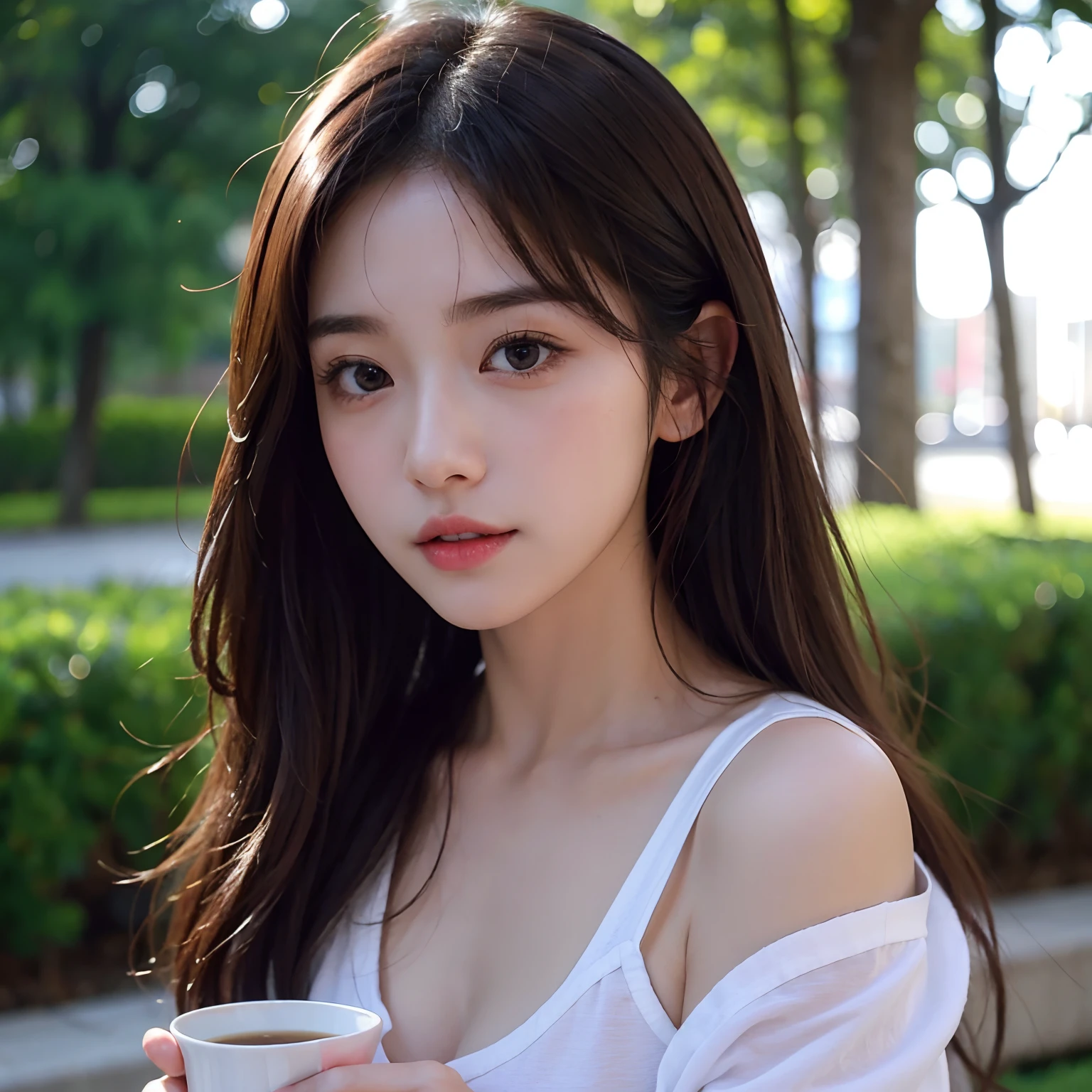 Semi Long Hair Outdoor Fair Skin Disheveled Hair Open Mouth Japan Woman、Super cute、Soft and face、Brown hair、8K分辨率、A hyper-realistic、ultra-definition、 Soft body toned ass day、A cup small breasts（（Highest Definition、8k、​masterpiece：1.3））、Ultra-fine face、Ultra Fine Lips、Fine eyes、二重まぶた