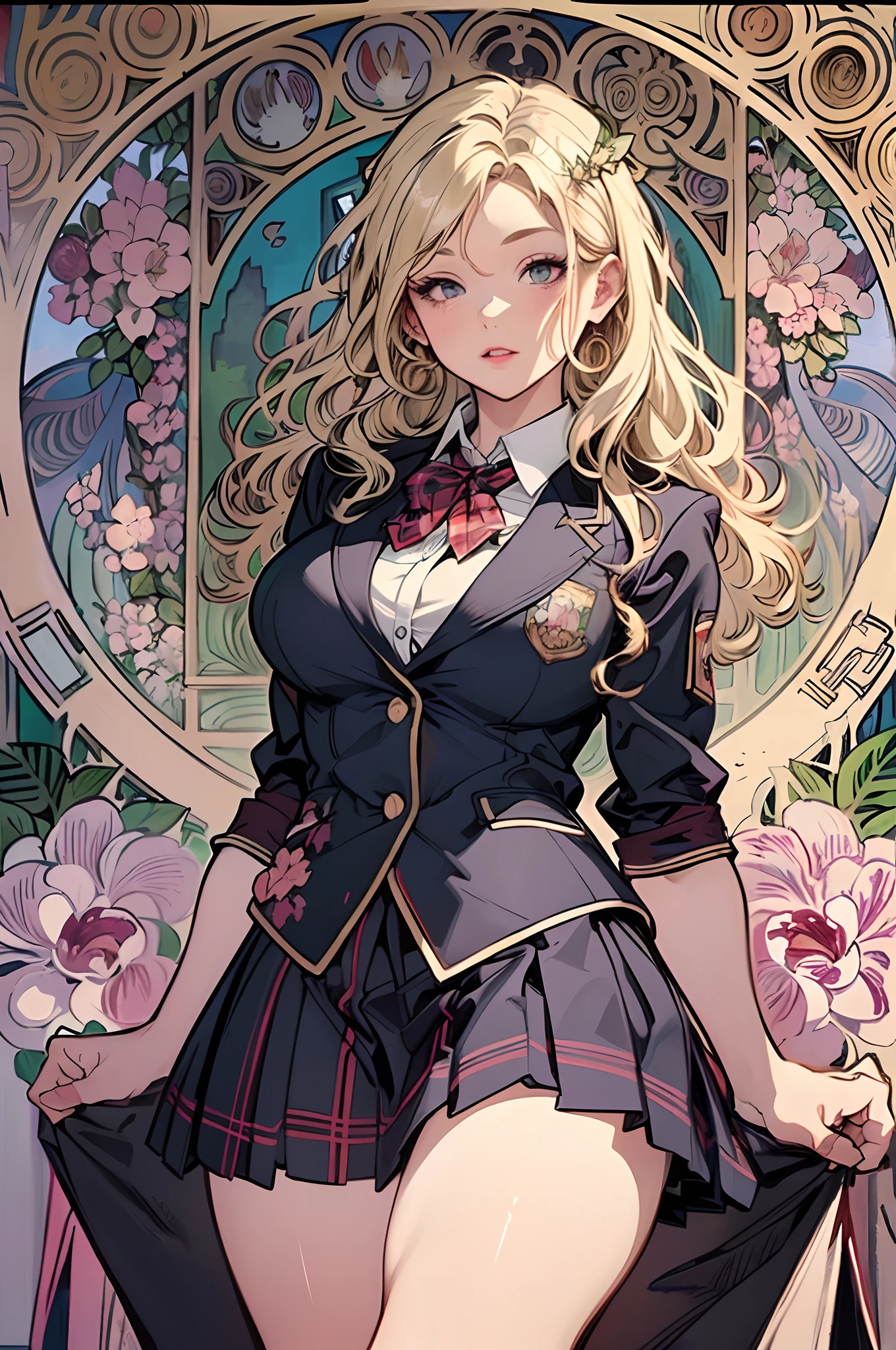 off shoulder:1.5,Squatting,
(by mucha:1.2),detailed background,art deco, Botanical Art,Floral Art,(floral:1.2), 
(masterpiece, best quality),vibrant colors,colorful, highest quality, amazing details, anatomically correct,
depth of fields,
(wavy hair,blonde hair),(thighs),(huge tit),
(school uniform:1.5),(school uniform plaid skirt),
open clothes,