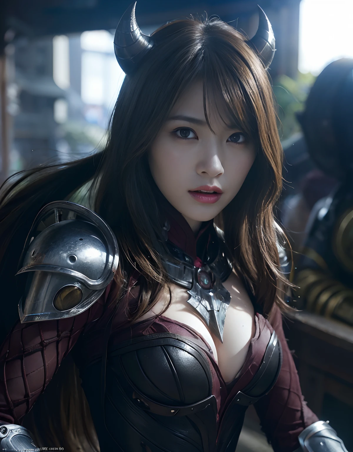 (One Knight Girl)、top-quality、masterpiece、超A high resolution、(Photorealsitic:1.4)、Raw photo、1人、Fight mutants、(Wear the Dark Knight's Armor)、glowy skin、(((Dark Fantasy)))、With a beautiful sword and shield、(Silver Metal Bodysuit)、(Kobold、ogre、Fierce battle with orcs),(Fight fiercely against aliens)、Fight fiercely、(Background of decaying dungeon ruins)、(Knight's helmet)、(Fighting Demonic Beasts)、(Small LED)、((super realistic details))、portlate、(Strong giant demon beast background),globalillumination、Shadow、octan render、8K、ultrasharp、Colossal tits、Raw skin is exposed in cleavage、metals、Details of complex ornaments、Japan details、highly intricate detail、Realistic light、(Mystical expression),CGSoation Trends、Red Eyes、radiant eyes、Facing the camera、neon details、(Mechanical limbs)、(blood vessels connected to tubes)、Mechanical vertebrae attached to the back、mechanical cervical attaching to neck、()、Gundam、Small LED、Toostock、()、(Attack of the Monster Beasts)、(Wounded in a deadly battle)、