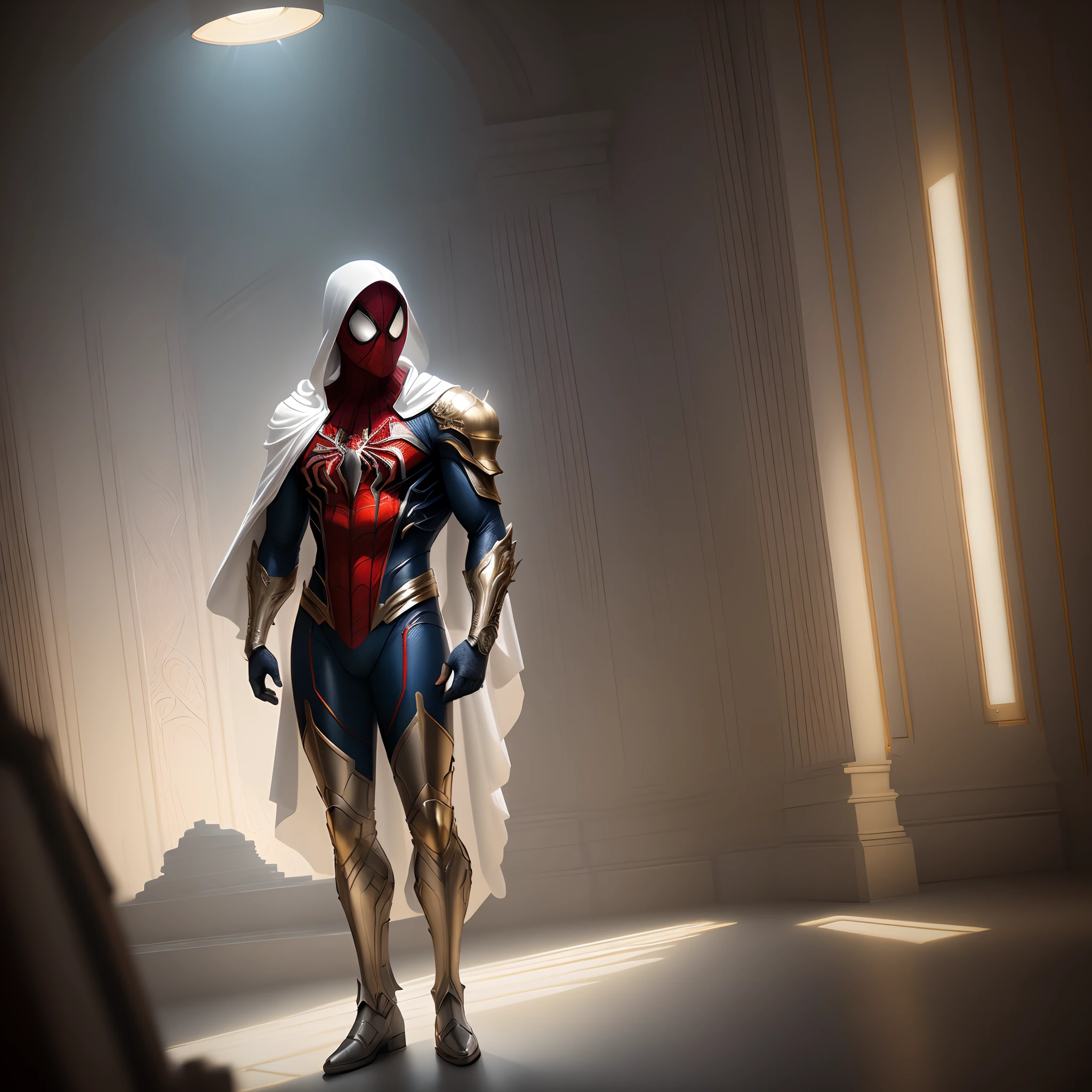 full body shot of spiderman in white and gold armour style suit, no mask on, white cape, looking at center camera, perfect composition, beautiful detailed intricate insanely detailed octane render trending on artstation, 8 k artistic photography, photorealistic concept art, soft natural volumetric cinematic perfect light, chiaroscuro, award - winning photograph, masterpiece, oil on canvas, raphael, caravaggio, greg rutkowski, beeple, beksinski, giger, trending on artstation, sharp focus, studio photo, intricate details, highly detailed, night city background, by greg rutkowski