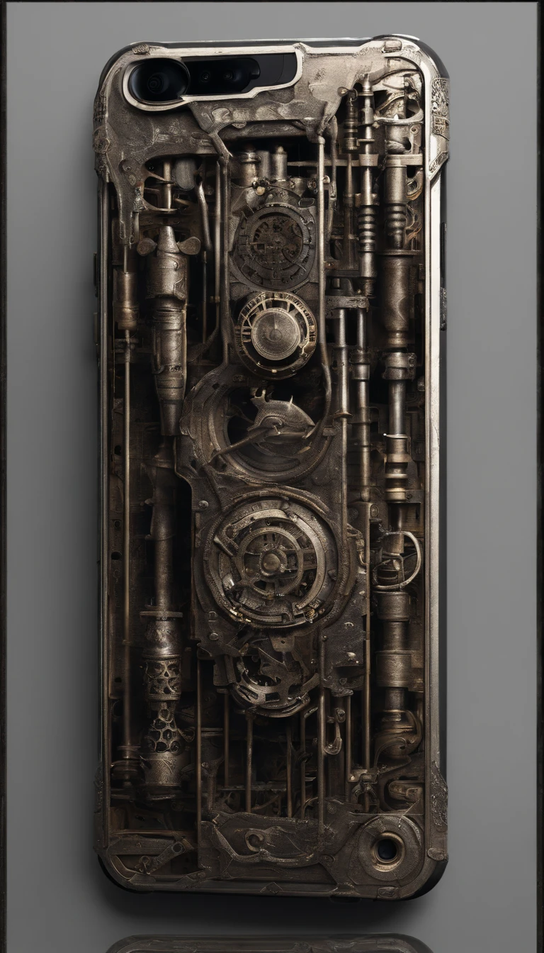style smartphone, detailed gears, intricate brass details, vintage aesthetic, antique leather texture, metallic accents, retro buttons and knobs, mechanical clockwork inspiration, futuristic display, sleek and ergonomic design, glossy finish, rich and warm color palette, soft and diffused lighting, depth of field, far shots, artistic angles, captivating reflections, attention to minute details, professional composition