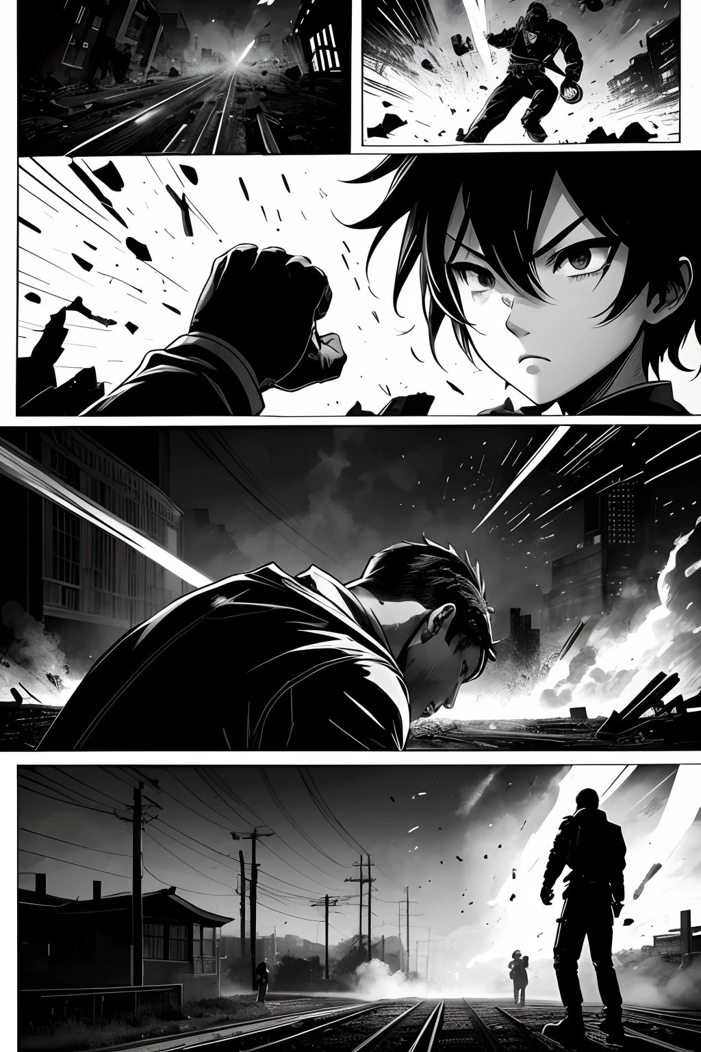 （Illustration sub-shots）Black and white Japanese manga，There are multiple panels on the page::The man roared and waved his fist，Fight several locomotive bullies。Image from《Fight》Magazines,《Hot-blooded universities》author：Tetsuo Hara。Highly detailed dynamics reveal the film's clear lines。（Action burst shots）:: Stunning，Vivid lighting and vivid shadows，Smoke transformation，Arc of light，Explosive particles，Strong visual impact.Background with::Abandoned streets，shot of::Photograph the whole body at a low angle，Action close-up，Top side light - niji 5 --q 2 ---16K（Speech bubbles with text，Comic sound effect stickers）