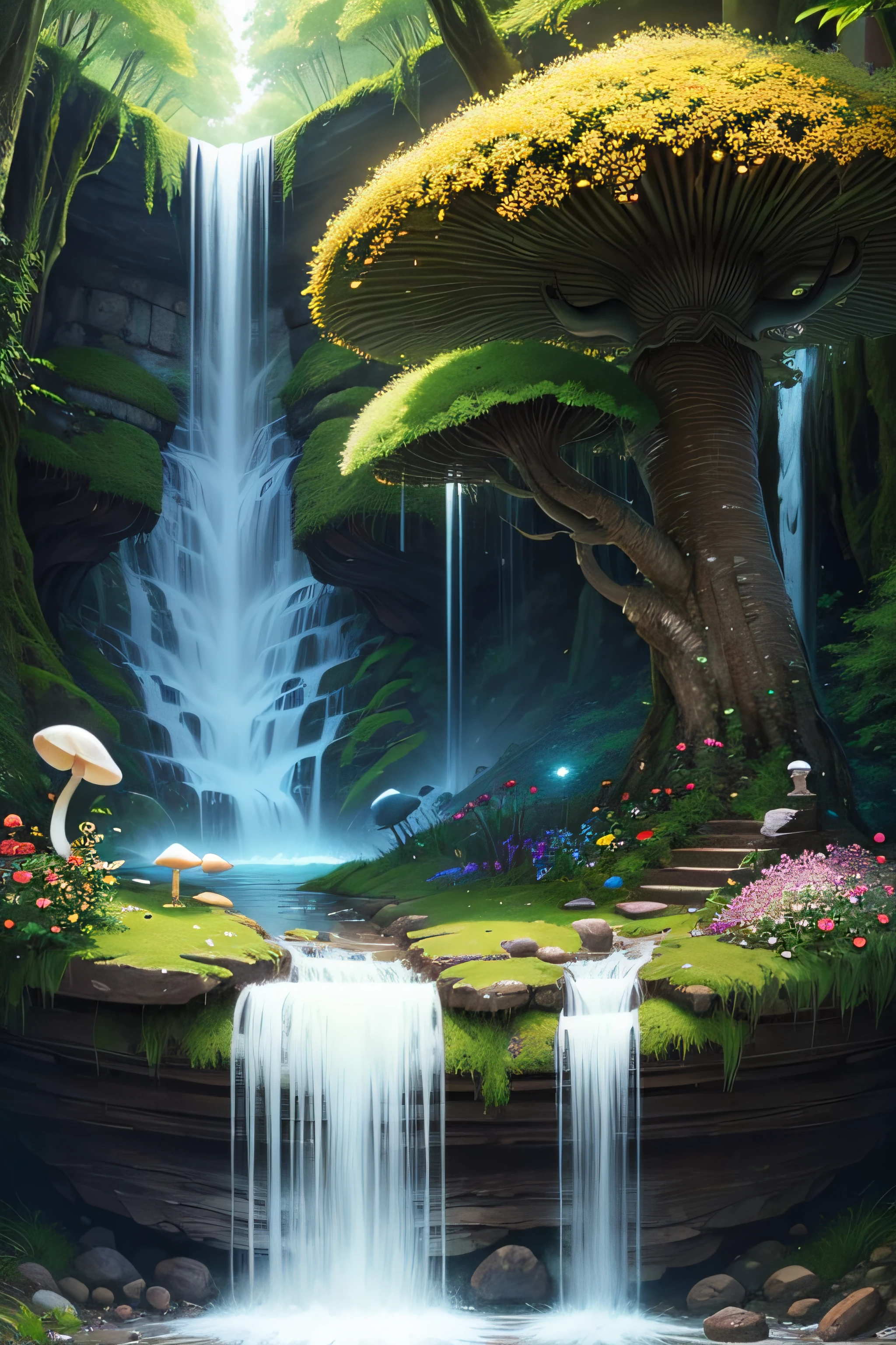 flowers waterfall mushroom trees cat